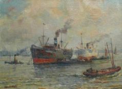 Moll, Evert (1878 Voorburg - 1955 Den Haag) "Hafenszene"; mehrere Dampfschiffe und Kleinboote vor