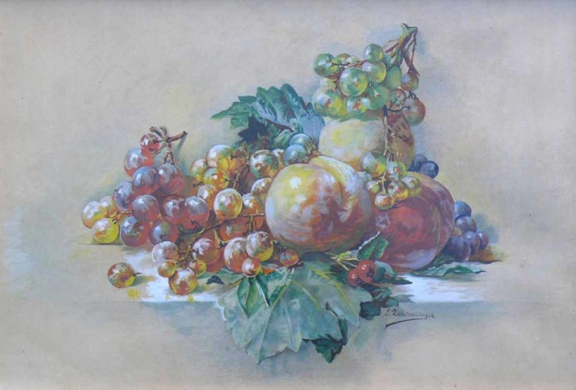 Zschetzschingck, E. (um 1900) "Obststillleben" mit Trauben und Pfirsiche; Aquarell; sign.; ca. 30 - Bild 2 aus 3
