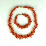 Korallen-Schmuckset Halskette und dazupassende Armkette; Natur-Stabkoralle; L: 41 bzw. 19,5 cm