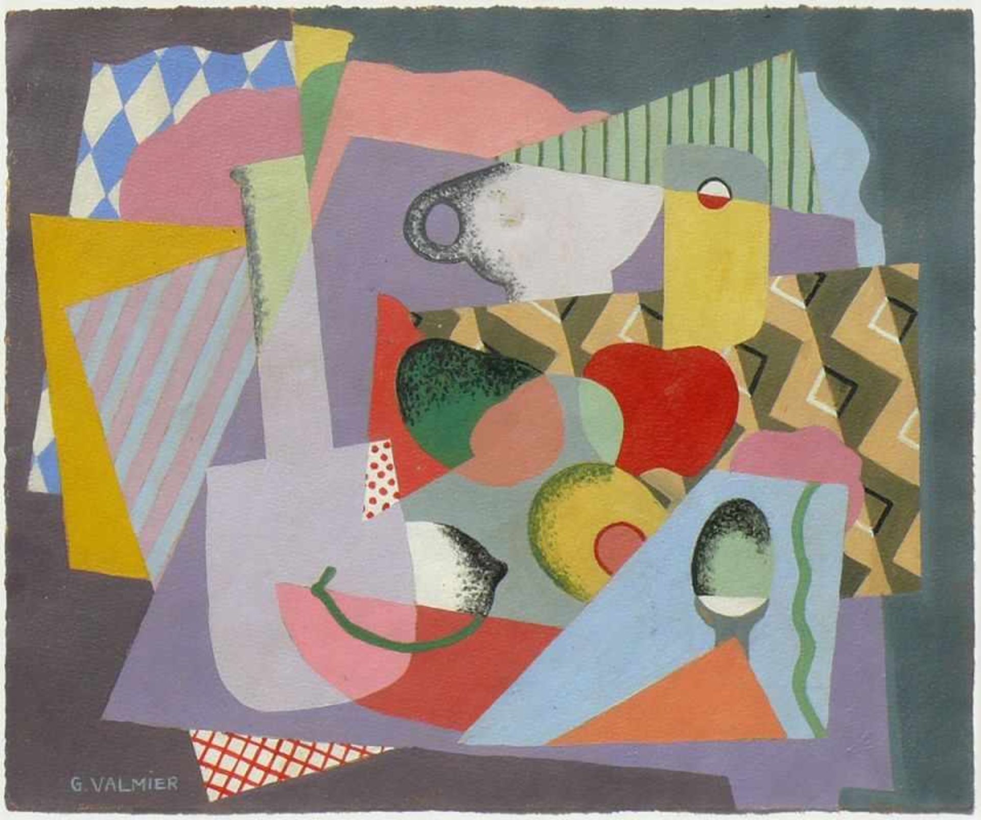 Valmier, Georges (attr.) "Stillleben" im kubistischem Stil um 1930; Aquarell/Mischtechnik/dünnem