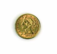 Goldmünze FIVE DOLLARS; UNITED STATES OF AMERICA; 1881; 8,32g; D: 21,5 mm; ss