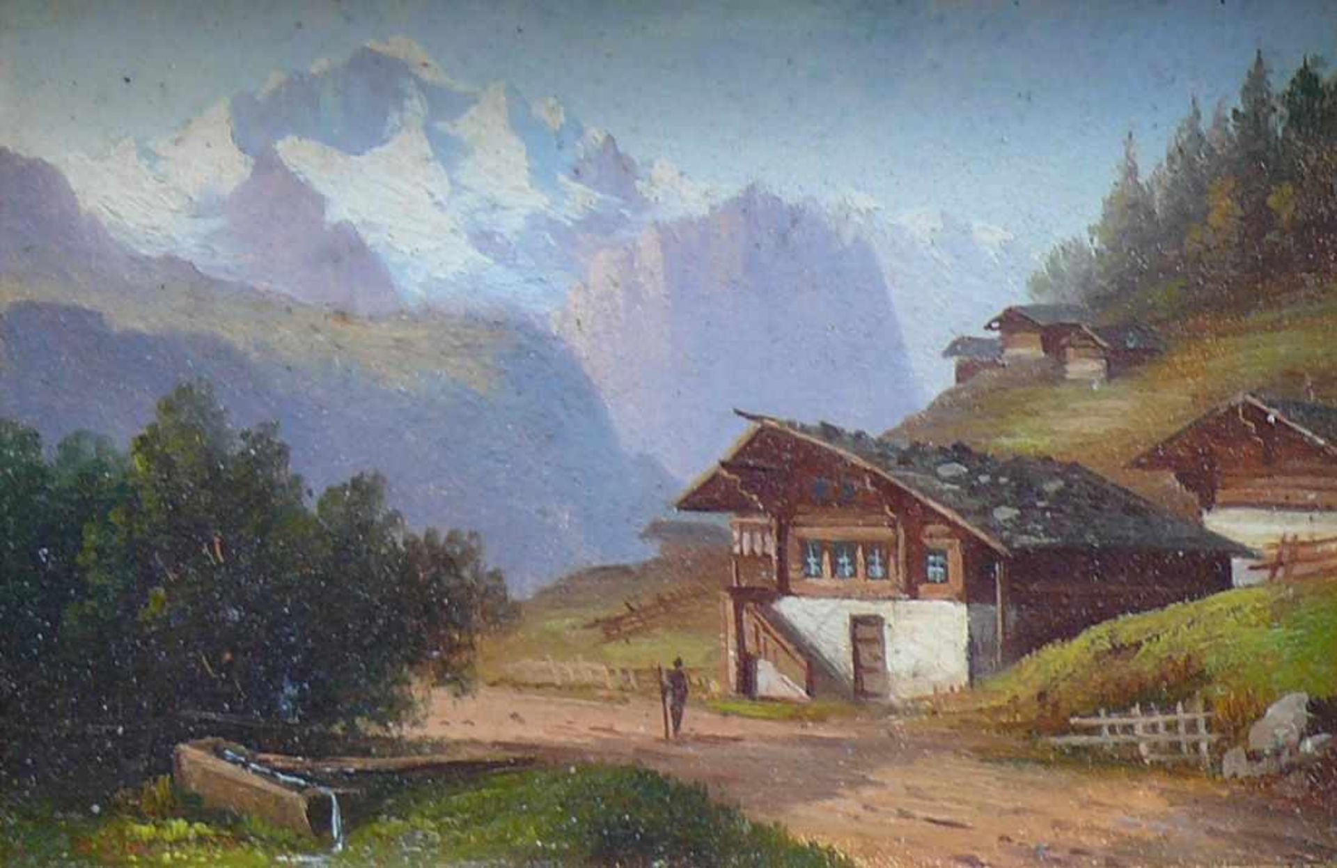Anonym (um 1900) "Alpenlandschaft" mit Wanderer vor einem Haus; ÖL/Holz; ca. 9,5 x 13,5 cm; R; - Bild 2 aus 3