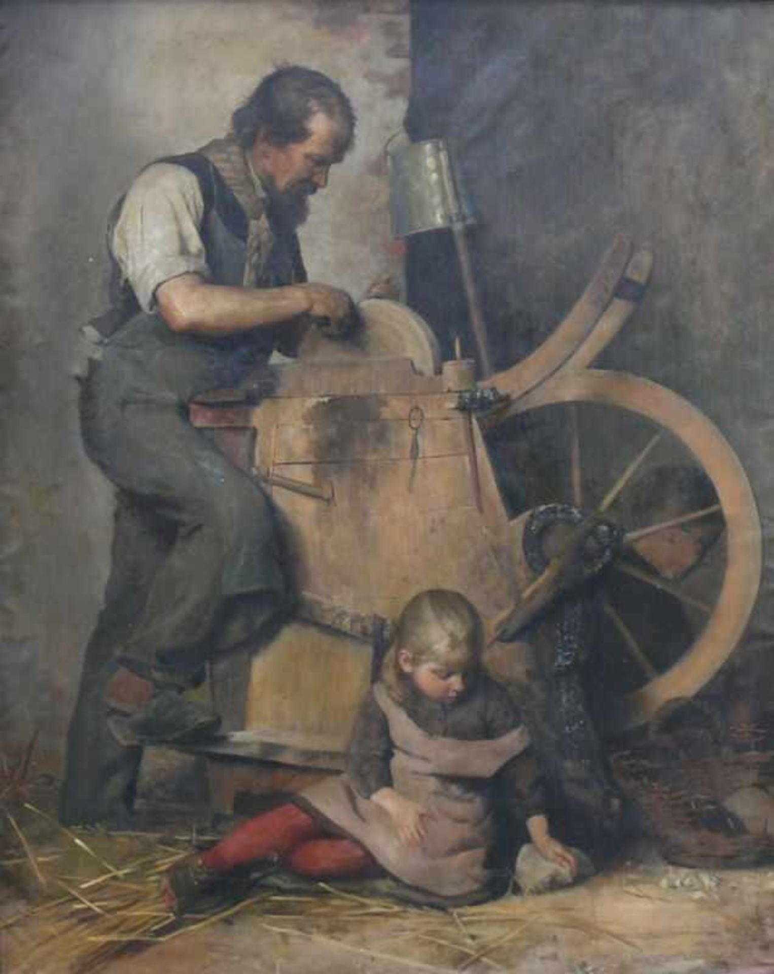Buchwald, Hugo (attr., Breslau 1836 - 1919) "Der Messerschleifer"; großformatige Szenerie mit