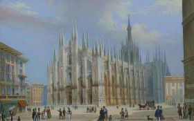 Italienischer Vedutenmaler (um 1820) "Blick auf den Piazza del Duomo"; vielfigurige Szenerie mit