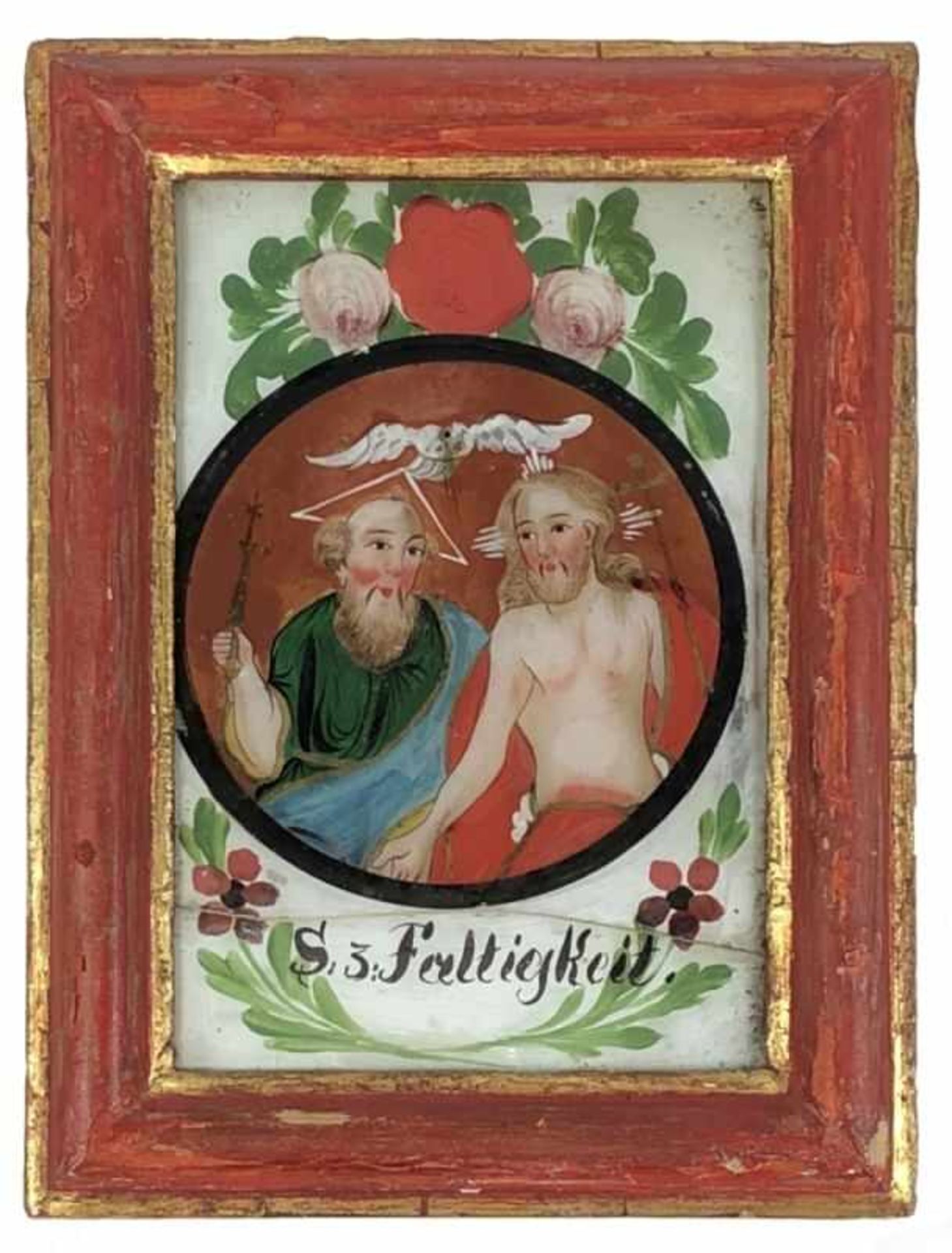 Hinterglasbild (19.Jh.) "Dreifaltigkeit-Darstellung"; im unteren Bereich mit Sprung; R; ca. 18 x