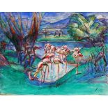 Waentig, Walter (1881 Zittau - 1962 Gaienhofen) "Flamingos am Teich"; Aquarell/Tusche; 26,5 x 35 cm;