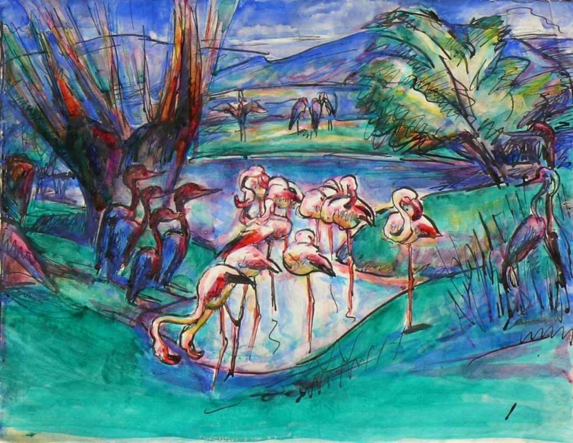 Waentig, Walter (1881 Zittau - 1962 Gaienhofen) "Flamingos am Teich"; Aquarell/Tusche; 26,5 x 35 cm;