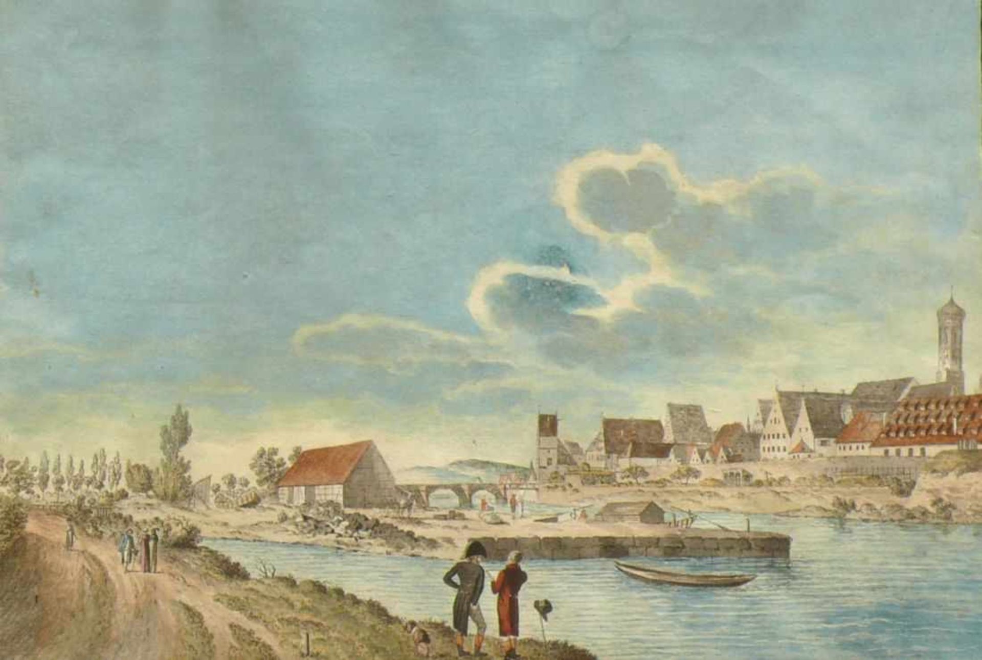 Ulm-Ansichten (1.H.19.Jh.) 3 div. Ansichten von Ulm an der Donau und Umgebung; Personenstaffagen; - Bild 3 aus 4