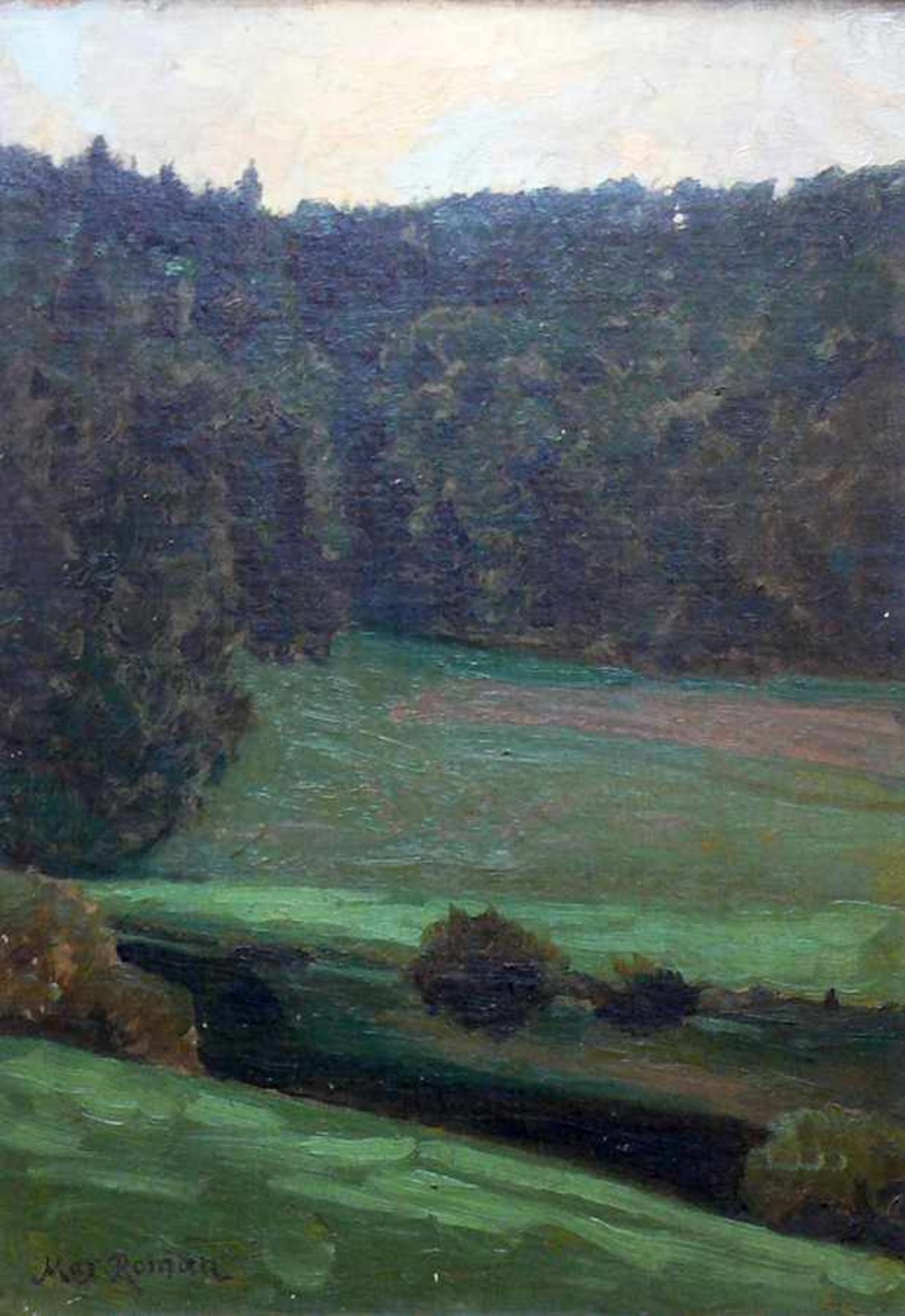 Roman, Max Wilhelm (1849 Freiburg - 1910 Karlsruhe) "Landschaft"; Blick über Wiese auf Wald; ÖL/ - Bild 3 aus 3
