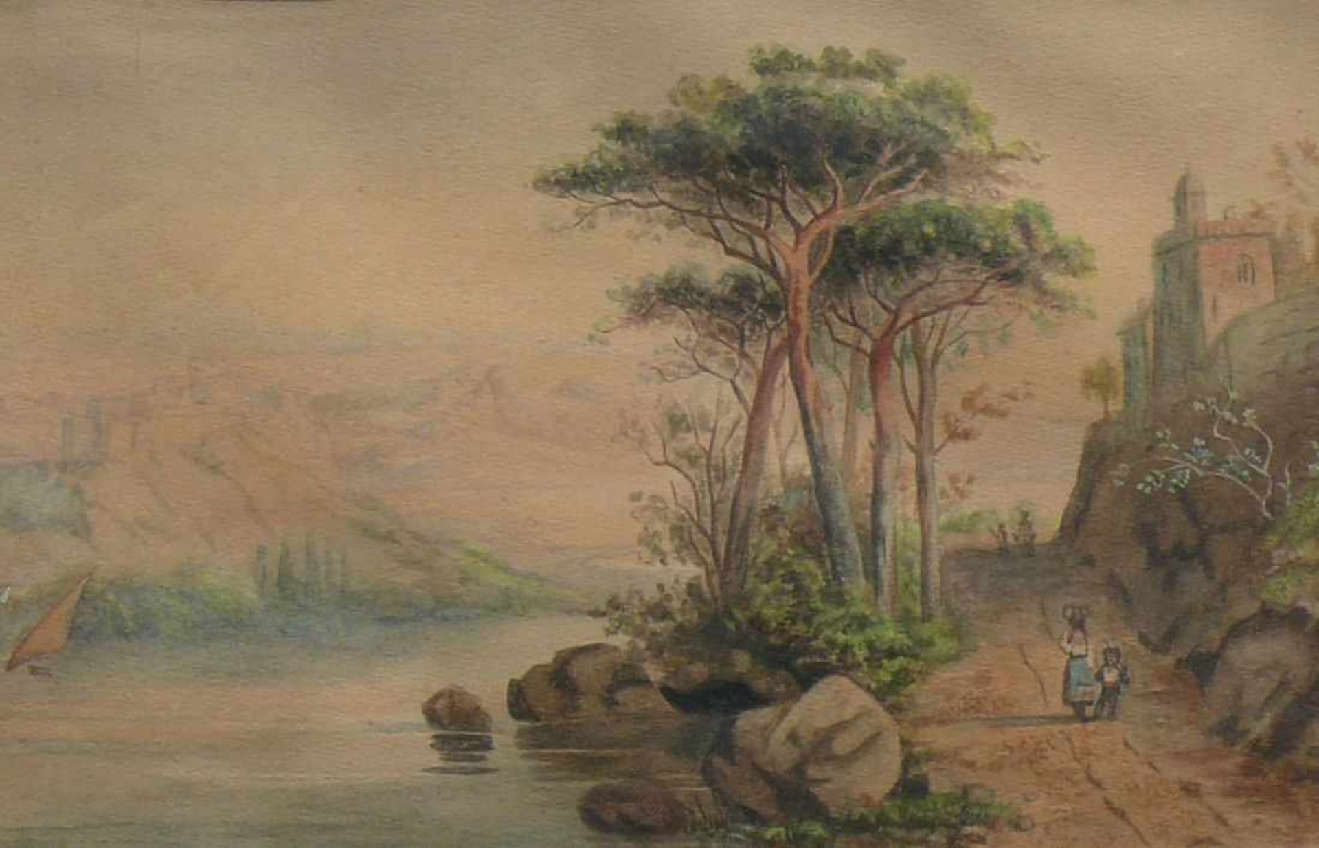 Anonym (um 1900) "Landschaft mit Burg" auf einem Weg am Fluß Mutter mit Kind sowie "Küstenlandschaft - Bild 3 aus 3