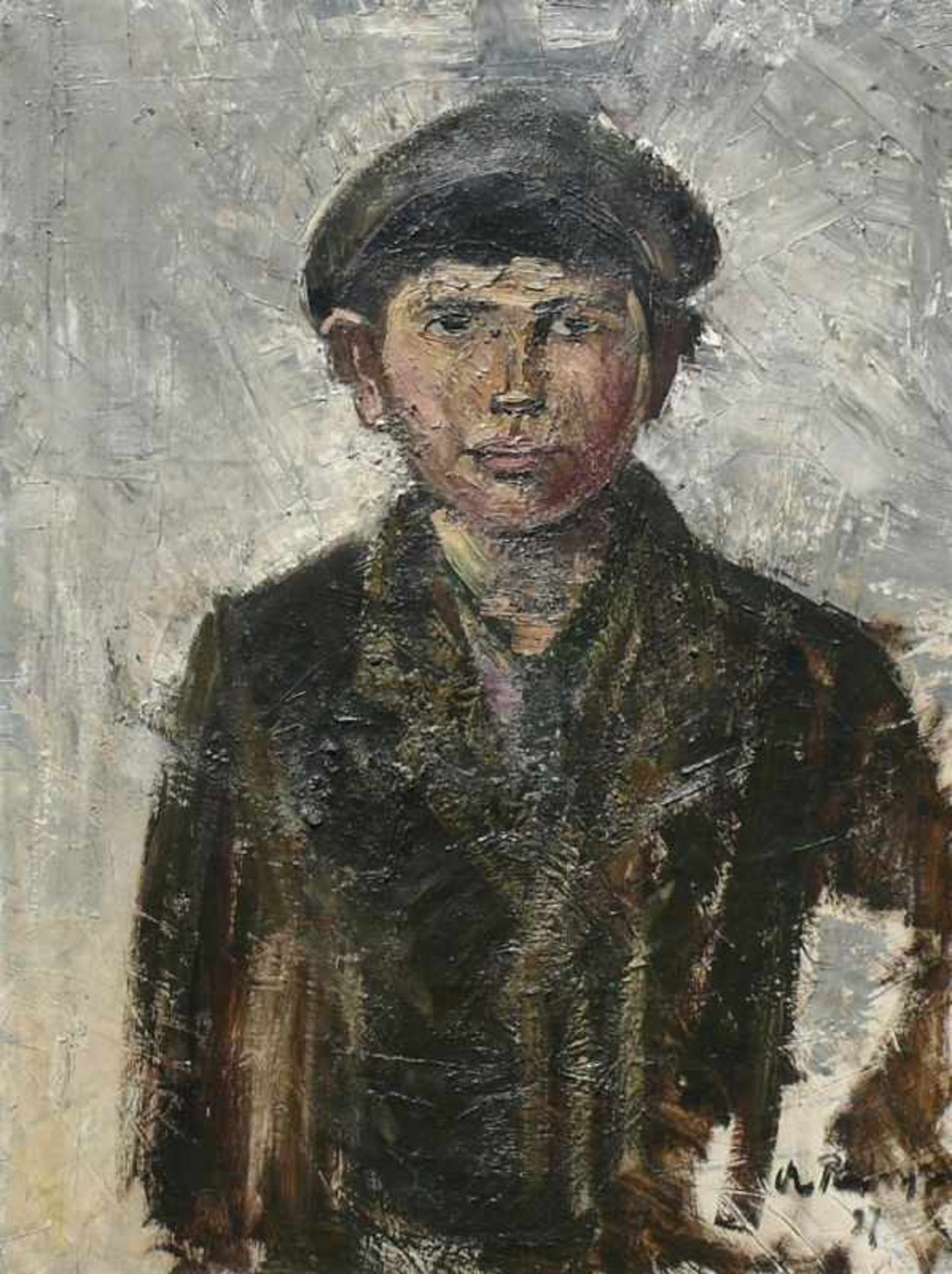 Räderscheidt, Anton (Köln 1892 - 1970) "Zeitungsjunge"; Halbportrait eines Jungen in der linken Hand