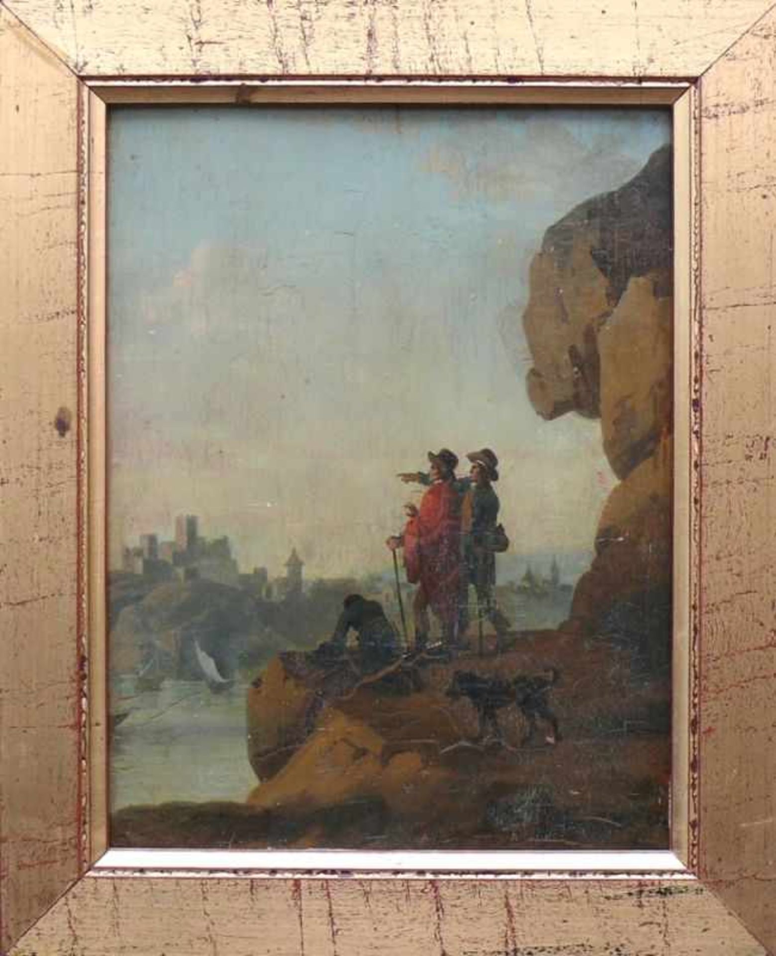 Anonym (19.Jh.) "Wanderer mit Hund auf Felsvorsprung" über Fluss auf einen Ort sehend; links unten