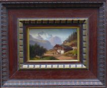 Anonym (um 1900) "Alpenlandschaft" mit Wanderer vor einem Haus; ÖL/Holz; ca. 9,5 x 13,5 cm; R;