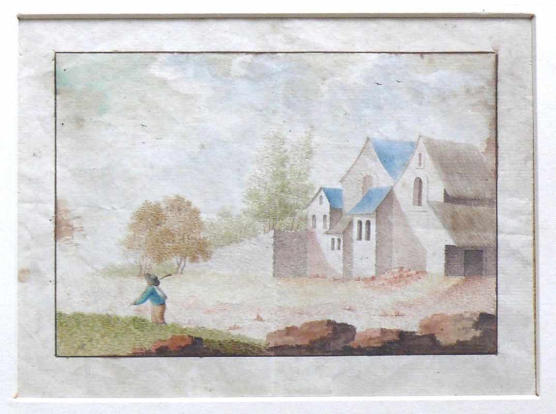 Deutsche Schule (19.Jh.) "Wanderer" auf Weg vor Häuser-Silhouette; Aquarell; ca. 11 x 15,5 cm;