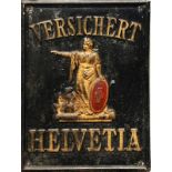 Werbe-Blechschild (1.H.20.Jh.) VERSICHERT HELVETIA; schwarz und gold mit rotem Kreuz; Weißblech;