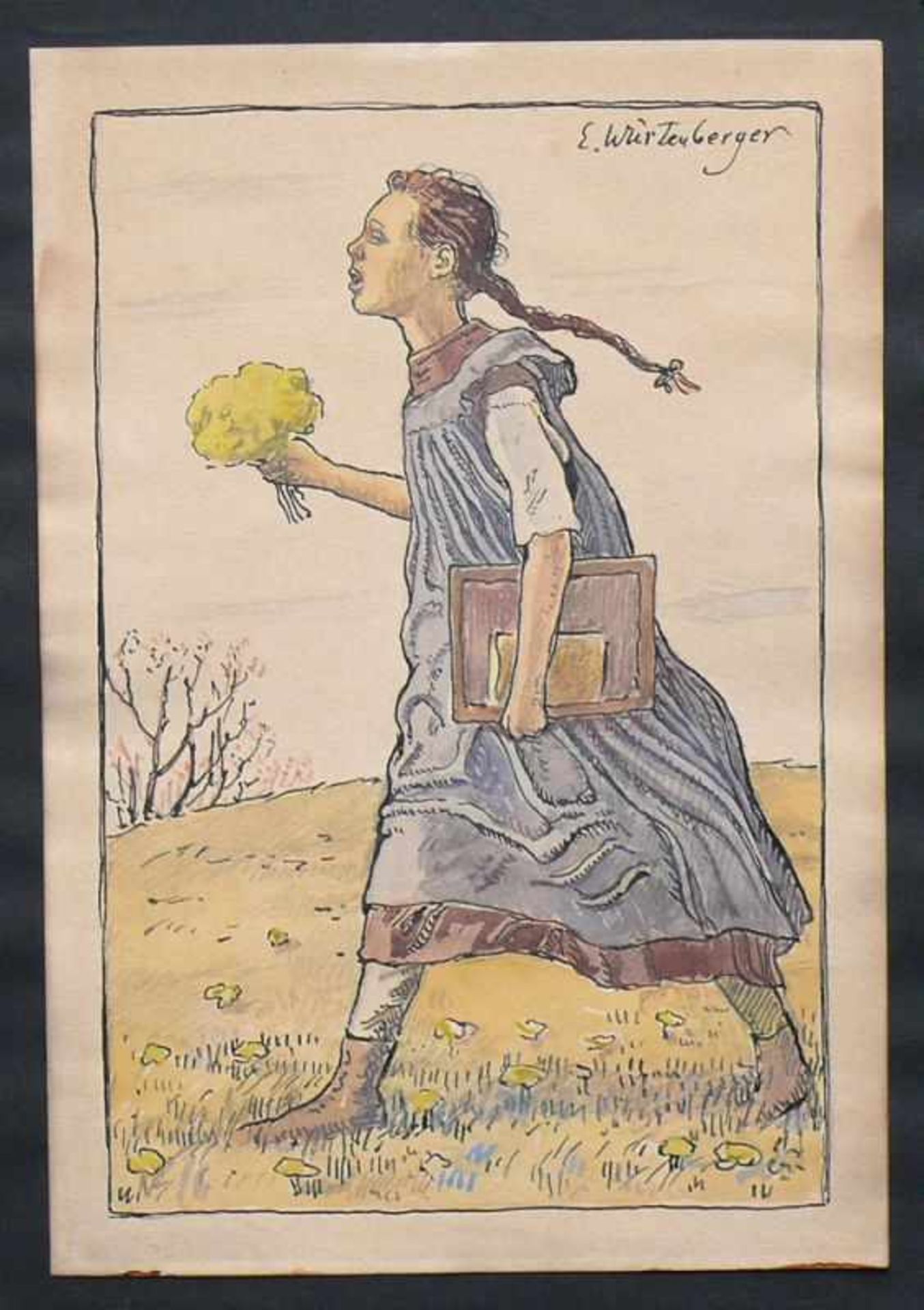 Würtenberger, Ernst (1868 Steißlingen - 1934 Karlsruhe) "Mädchen" mit Blumenstrauß und Schulmappe