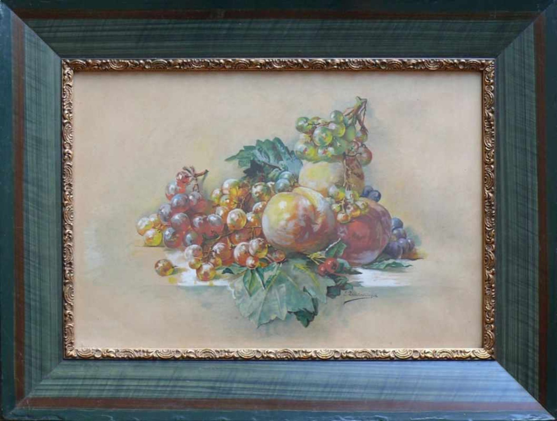 Zschetzschingck, E. (um 1900) "Obststillleben" mit Trauben und Pfirsiche; Aquarell; sign.; ca. 30