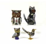 4 div. Cloisonné-Tiere (China) Katze, 2 Eulen und 1 Vogel; farbiger Floraldekor; H: 5 - 8,5 cm