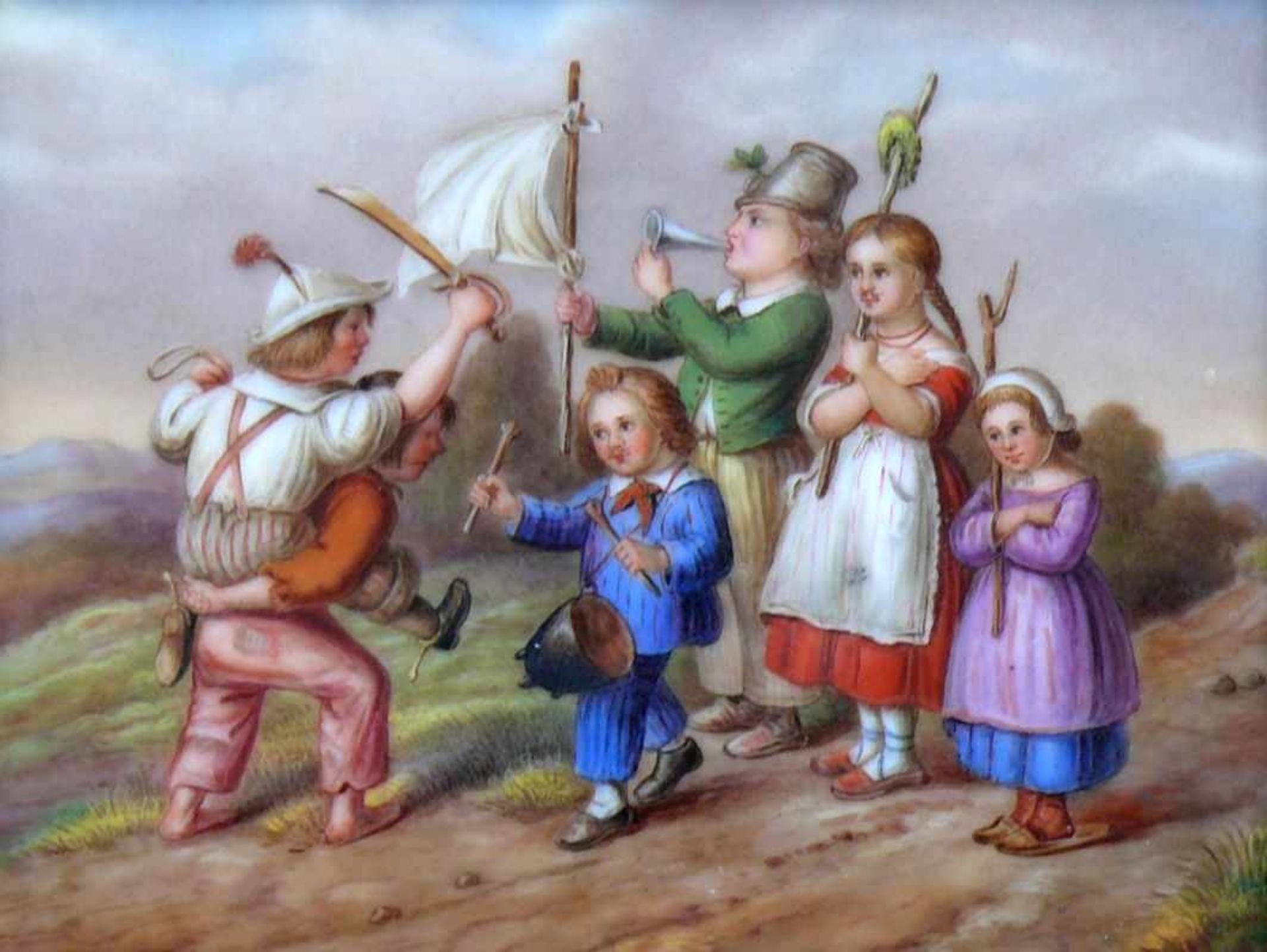 Porzellanbildplatte (um 1850) "Kinderreigen"; Kinder und Jugendliche tlw. mit Musikinstrumenten