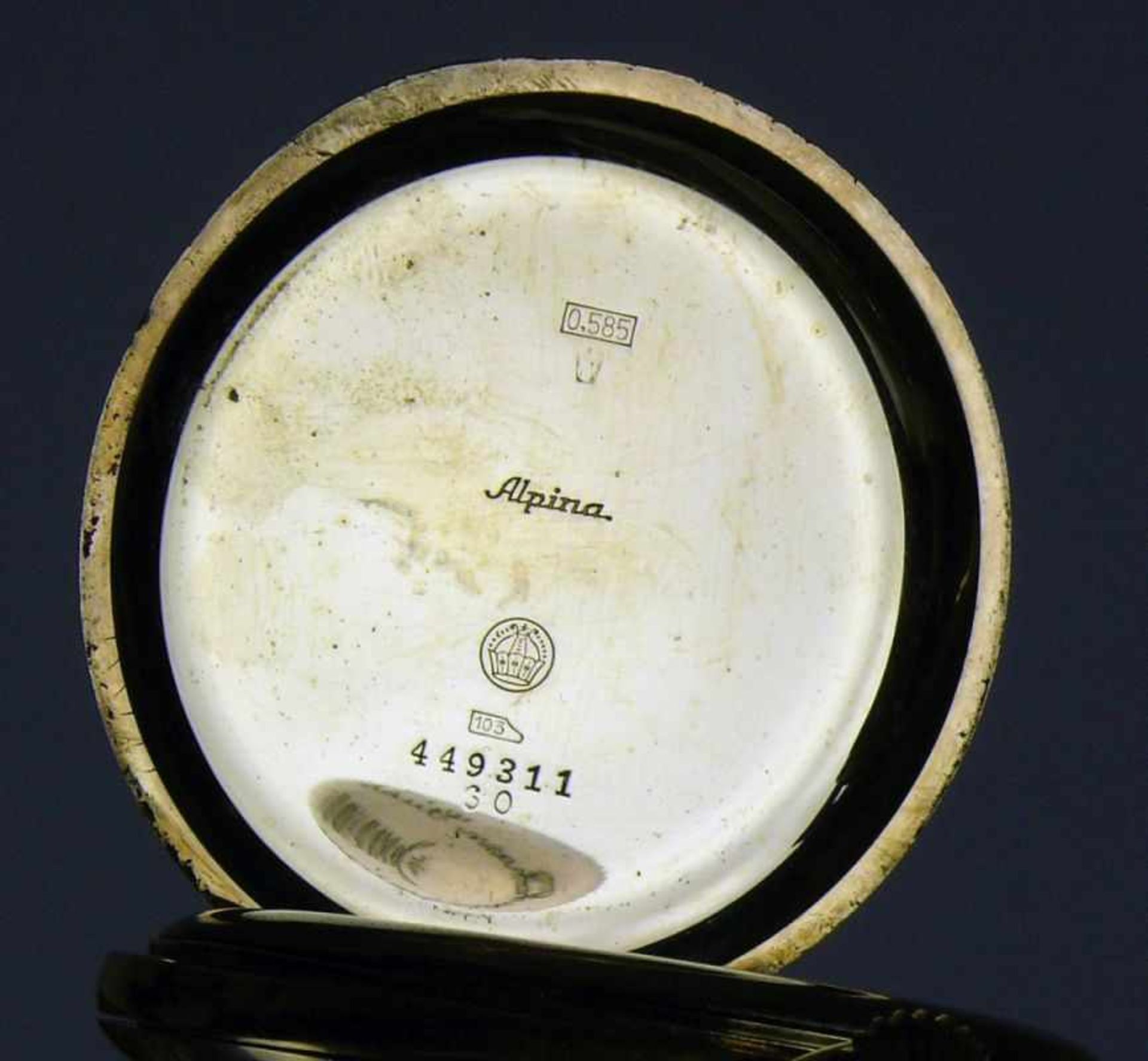 Savonette (1.H.20.Jh.) ALPINA; 14ct GG-Gehäuse und Deckel; Staubdeckel Metall; cremefarbenes - Bild 4 aus 6