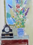 Sauerbruch, Hans (1910 Marburg - 1996 Konstanz) "Stillleben" mit Blumen in Vase und Uhr auf Kommode;