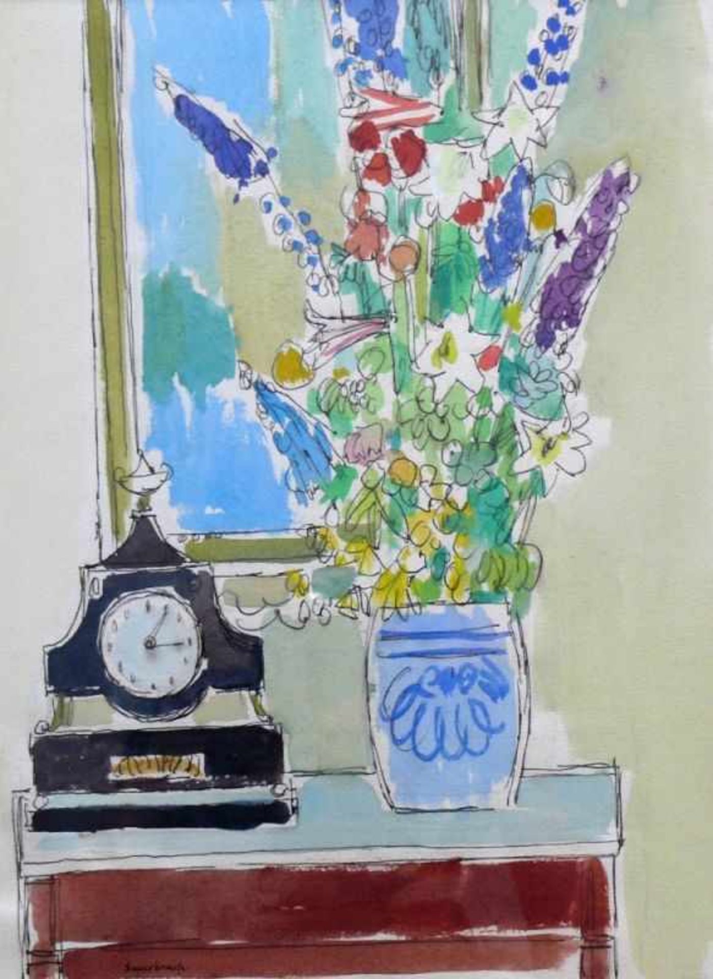 Sauerbruch, Hans (1910 Marburg - 1996 Konstanz) "Stillleben" mit Blumen in Vase und Uhr auf Kommode;