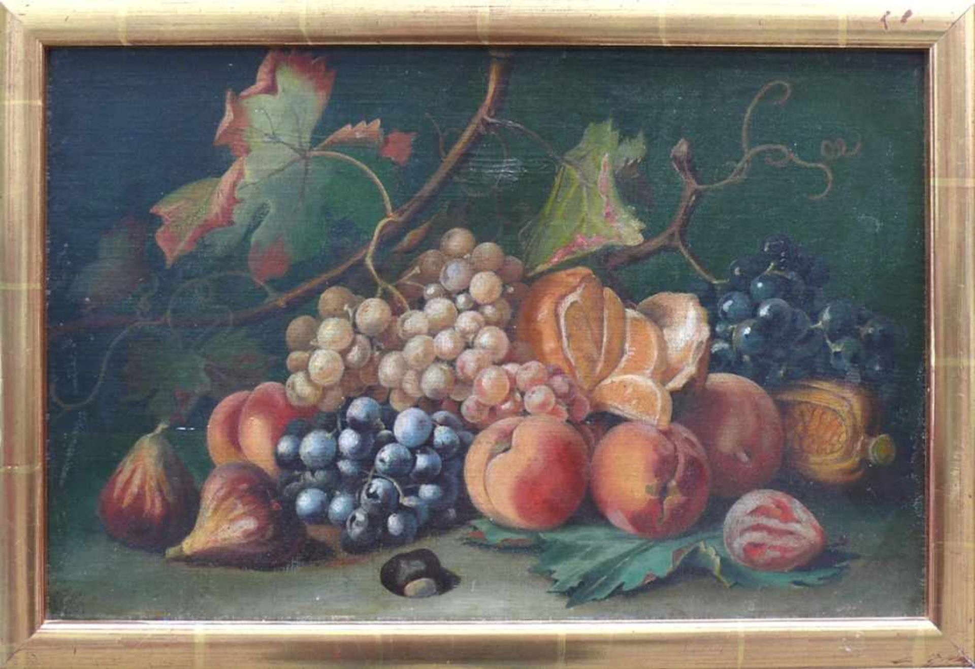 Deutsche Schule (Anfg. 20.Jh.) "Obststillleben" mit Pfirsichen, Trauben und anderen Früchten: ÖL/LW, - Bild 3 aus 4