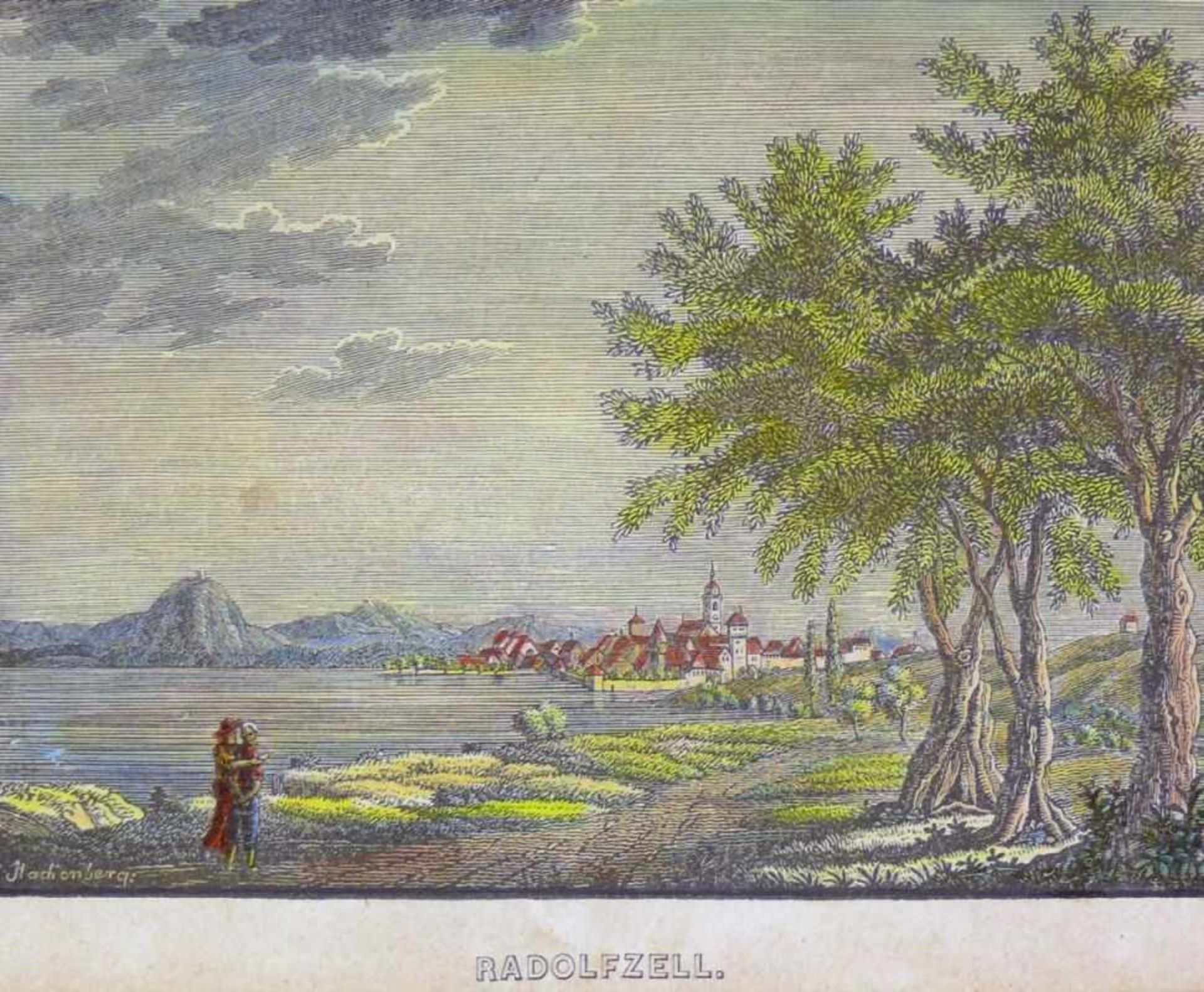 Radolfzell (1.H.19.Jh.) "Blick auf Stadt" mit Untersee und Hegauberge; col. Holzschnitt; 7,5 x 10 - Image 2 of 2
