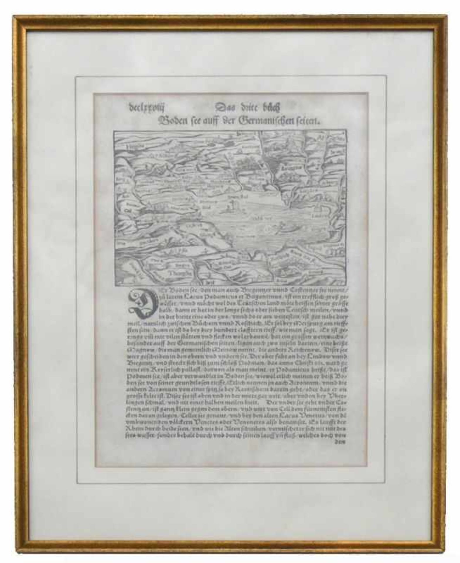 Bodensee (Seb. Münster, um 1550) auf der germanischen Seiten; mit Textlegende; Holzstich; ca. 28 x