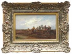 Walch, Hans (um 1900) "Bei der Ernte"; Frauen und Männer mit Pferdewagen bei der Ernte auf weitem