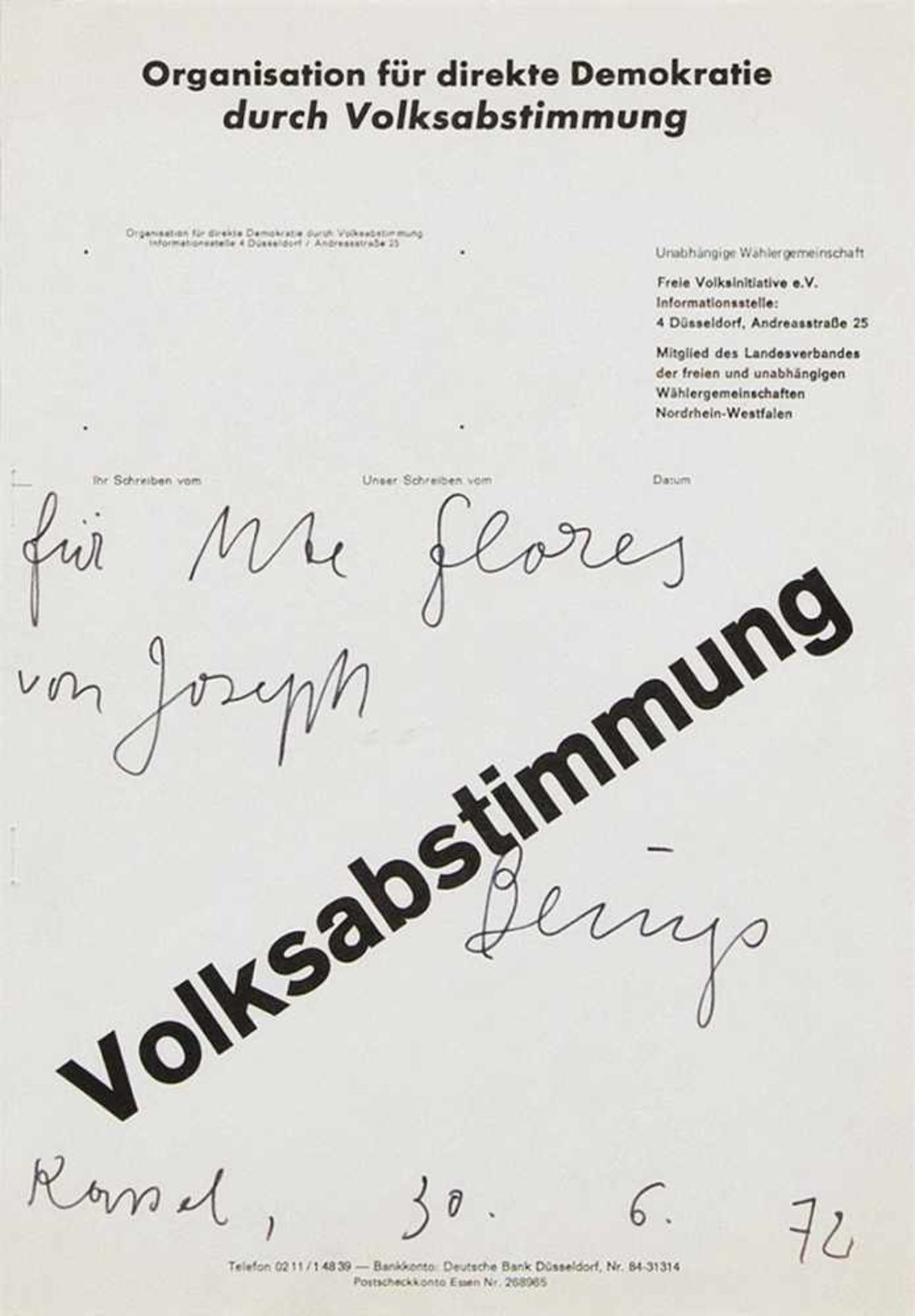 JOSEPH BEUYS (1921 KREFELD - 1986 DÜSSELDORF) VOLKSABSTIMMUNG, 1972 Offset-Plakat, 29,7 x 21 cm