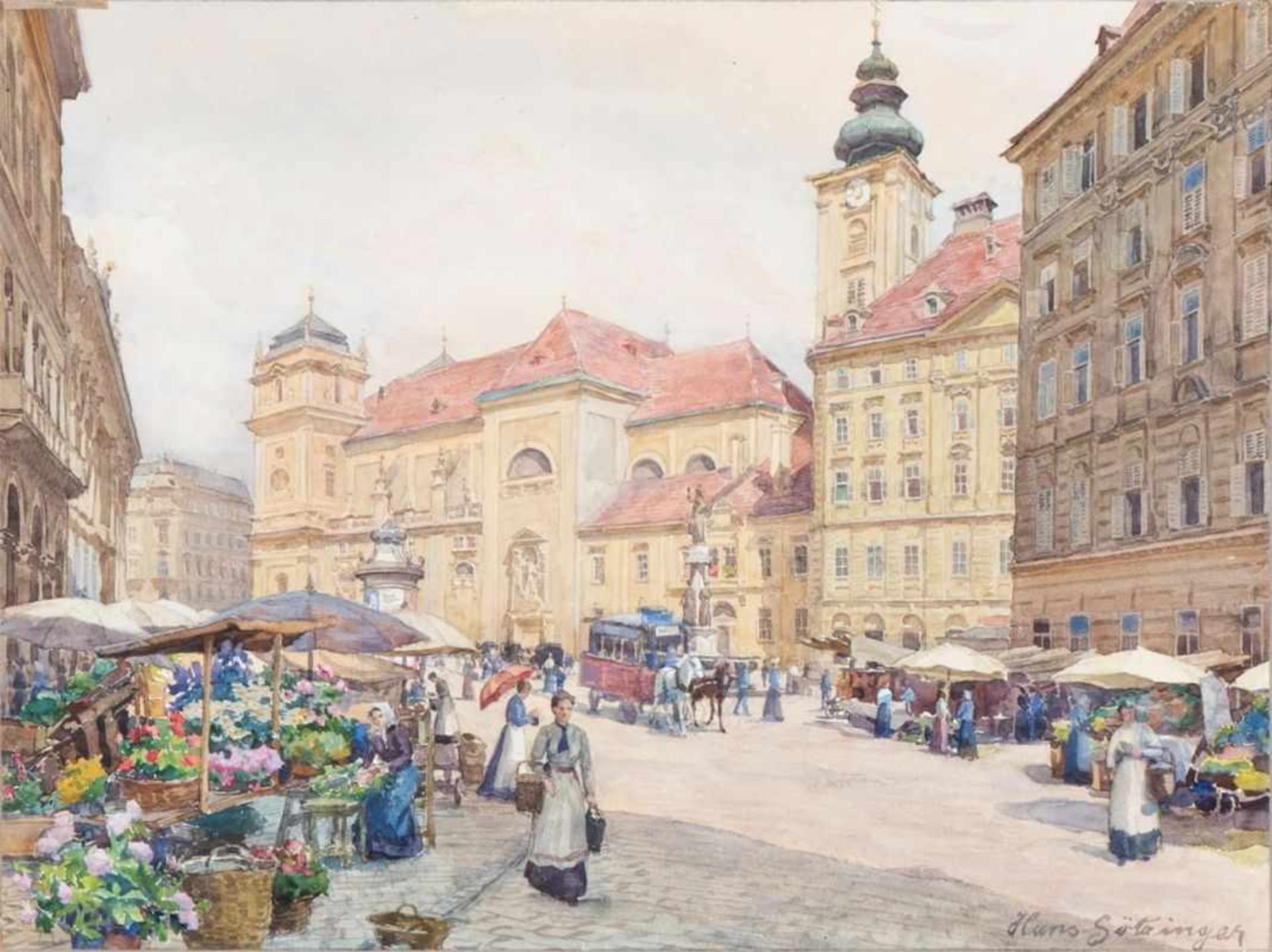 HANS GÖTZINGER(1867 WIEN - 1941 WIEN)FREYUNG MIT BLICK AUF SCHOTTENKIRCHEAquarell auf Papier, 29,5 x