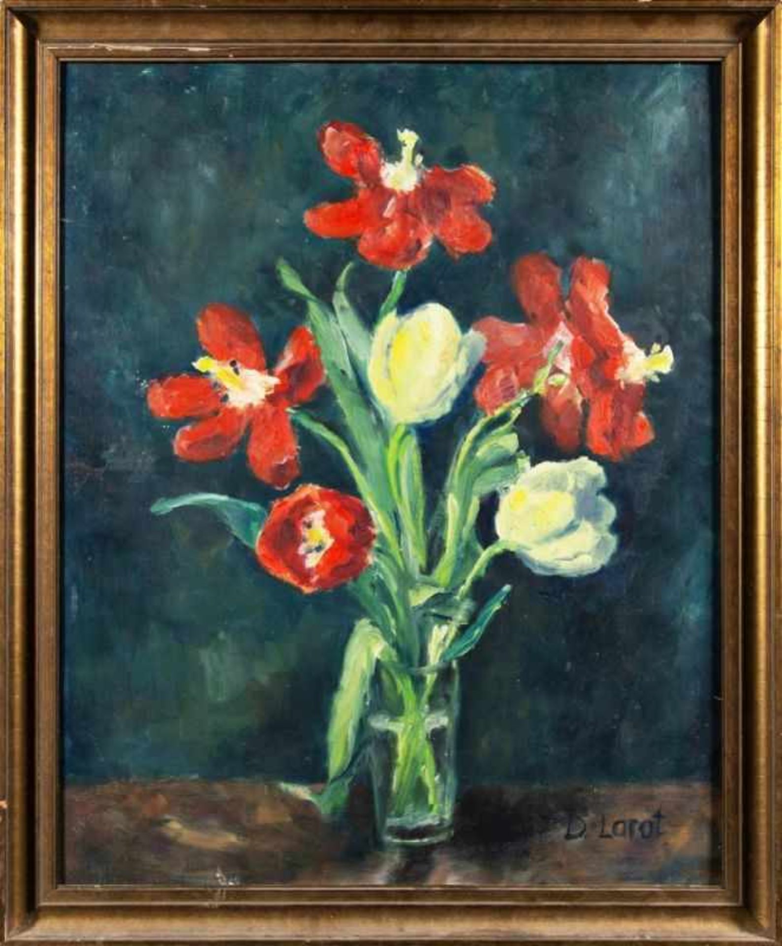 DINA LAROT(1942 WIEN)o. T. (BLUMENSTILLEBEN)Öl auf Platte, 69 x 56 cmgerahmt, Maß mit Rahmen: 78 x