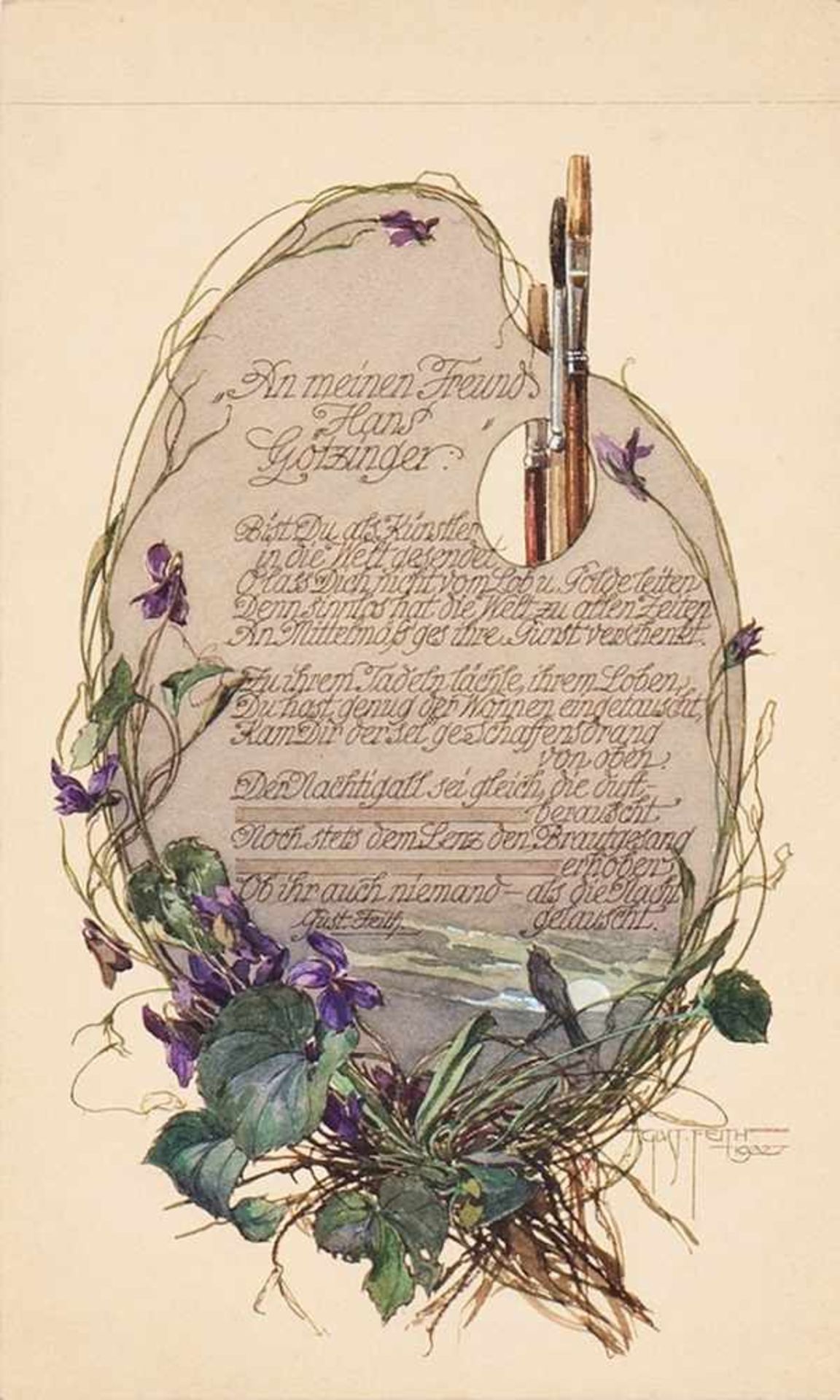 GUSTAV FEITH(1875 WIEN - 1951 WIEN)Gedichtkarte für Hans Götzinger, 1932Aquarell auf Papier, 25,2