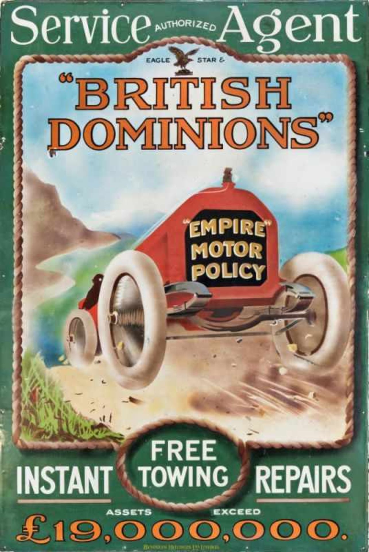 BRITISH DOMINIONSENGLAND, ca. 1930seltenes attraktiv gestaltetes Emailplakat,Abbildung eines