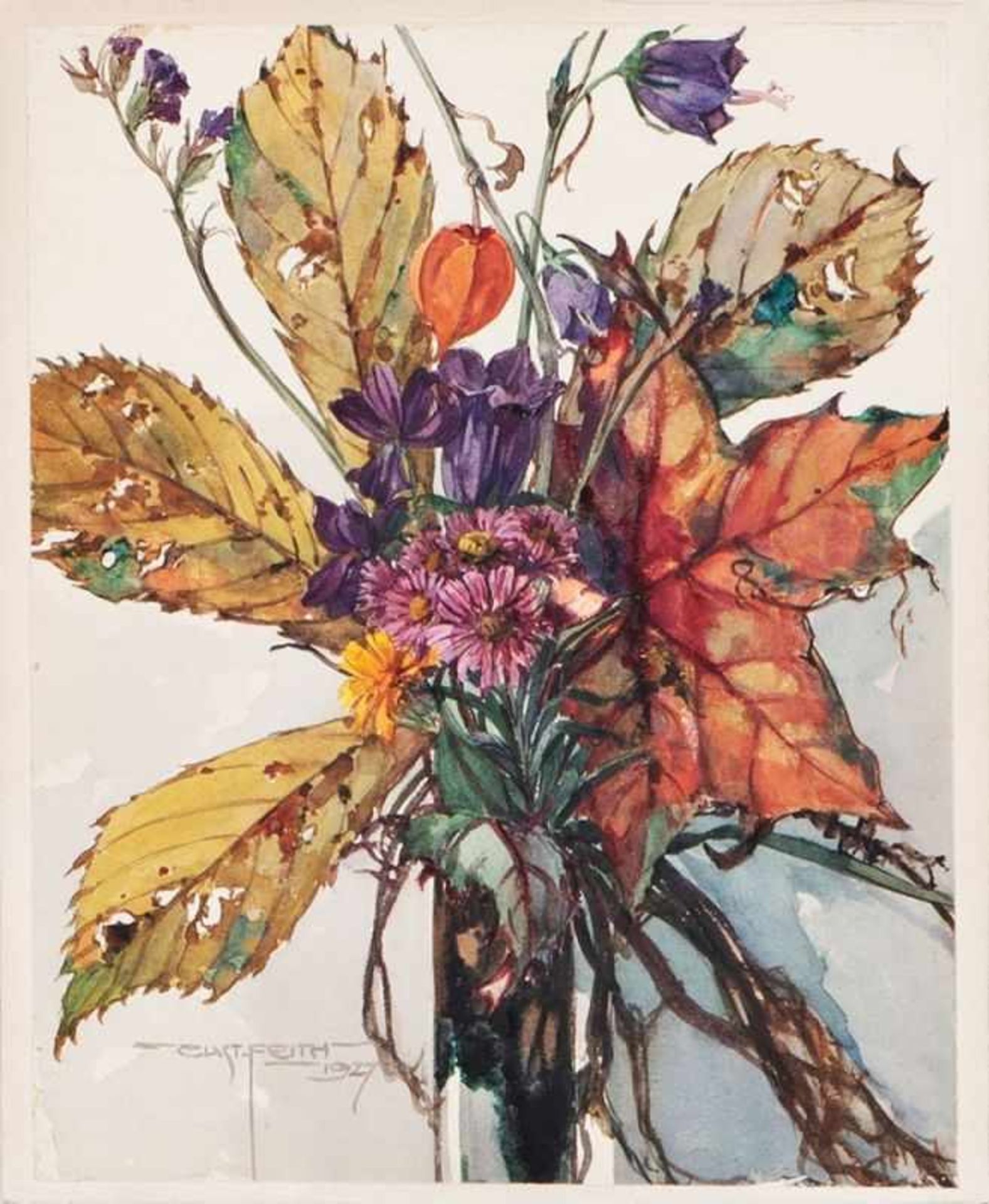 GUSTAV FEITH(1875 WIEN - 1951 WIEN)BAUERNBLUMEN, 1927Aquarell auf Papier, 24 x 18 cm,kaschiert auf