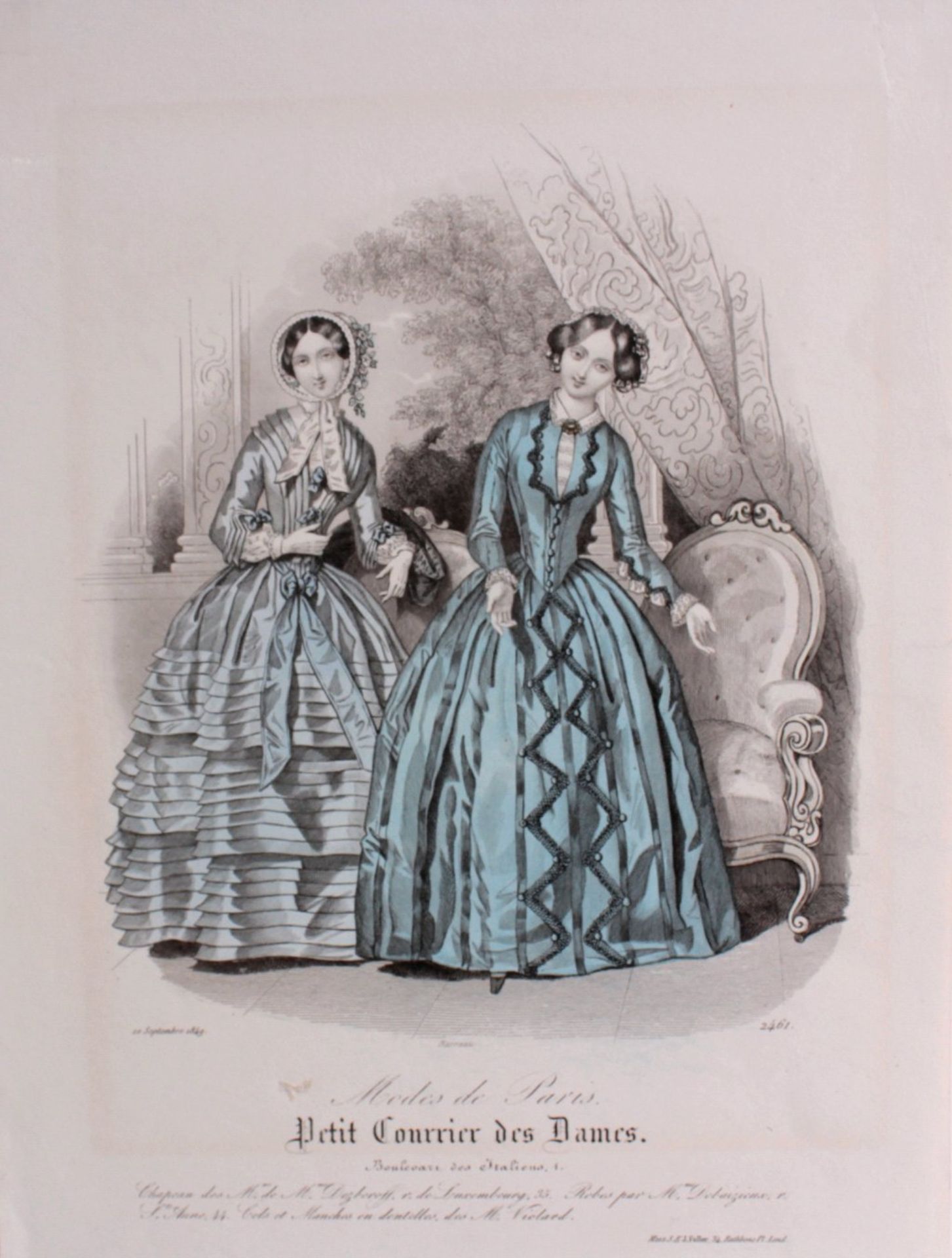 2 kolorierte Stahlsticheaus "Mode de Paris" 1849/53. Damenmode und Kindermode desBiedermeiers. Im