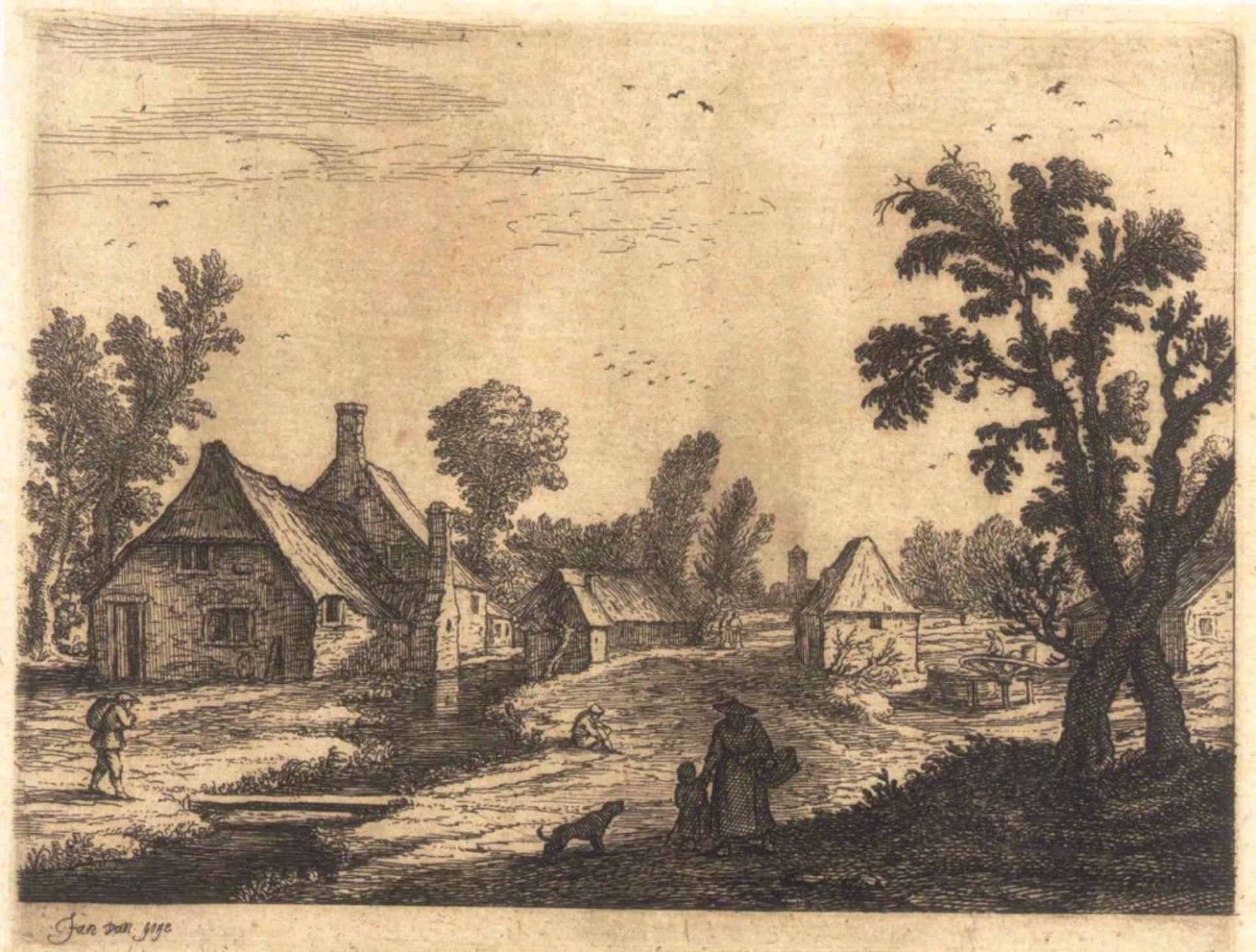 Jan van Goyen (1596 Leiden - 1656 Den Haag)Radierung, "Dorflandschaft mit Personenstaffagen",