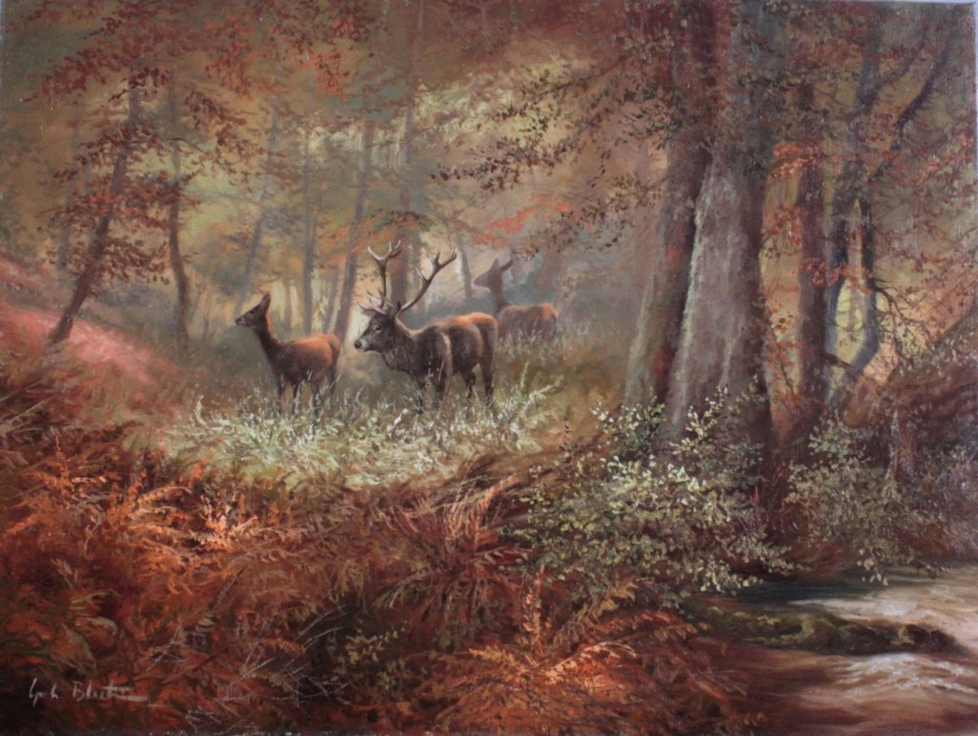 Gerhard Bluhm (*1924). Landschafts- und TiermalerÖl/Platte, "Hirsch mit Hirschkühen im Wald",