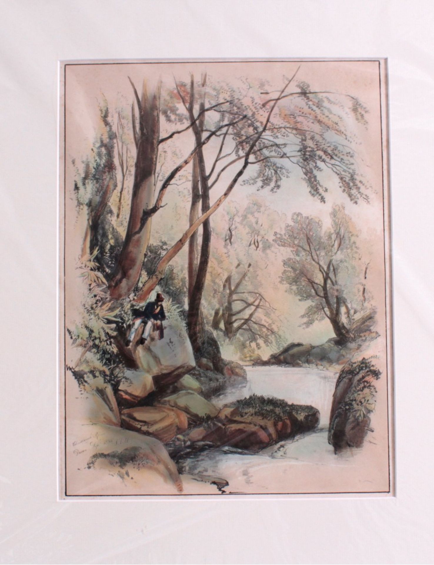 "Bachlandschaft mit ruhendem Wanderer"Farblithographie 1835. Mit dem Titel, Datum und Monogramm - Bild 2 aus 2