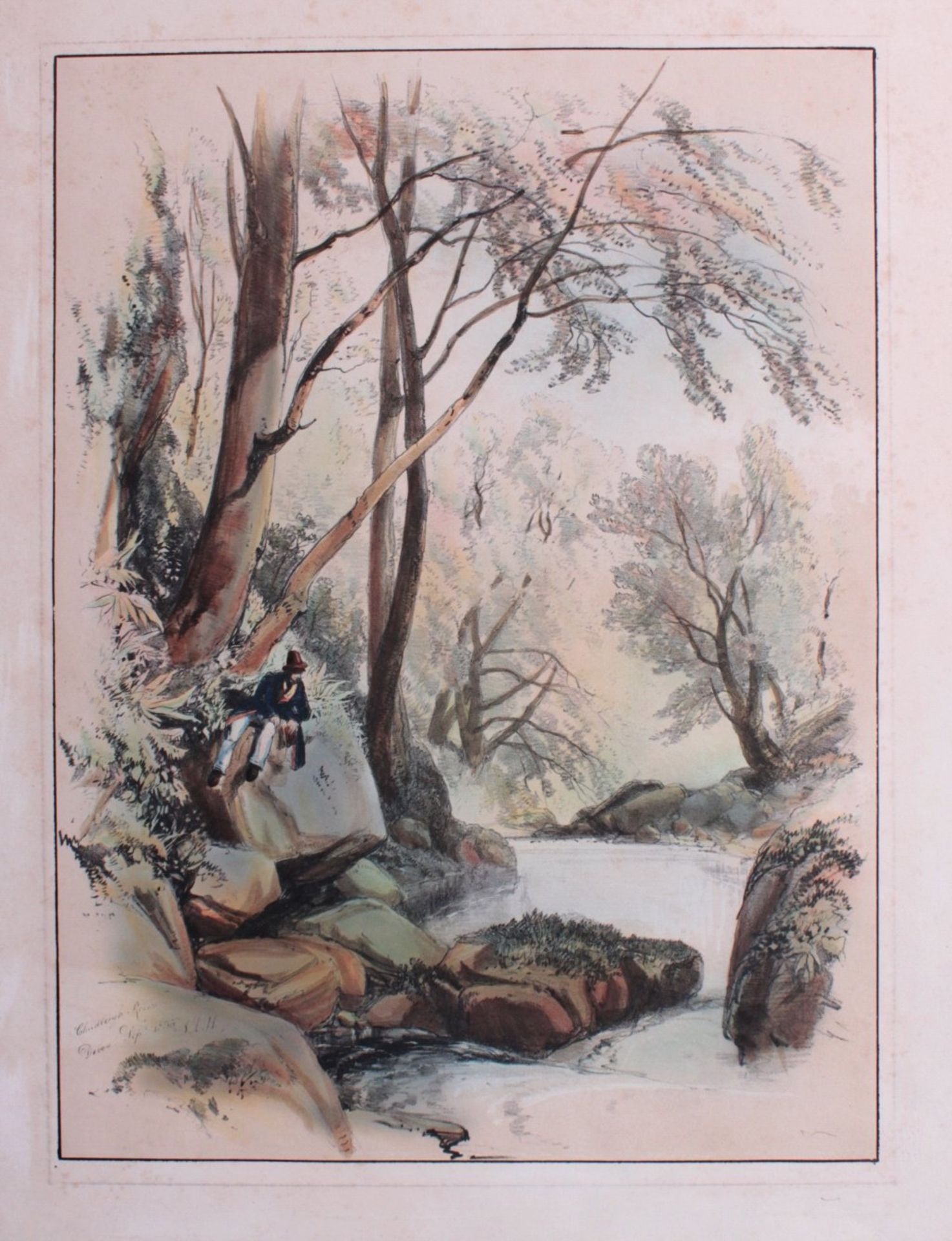 "Bachlandschaft mit ruhendem Wanderer"Farblithographie 1835. Mit dem Titel, Datum und Monogramm