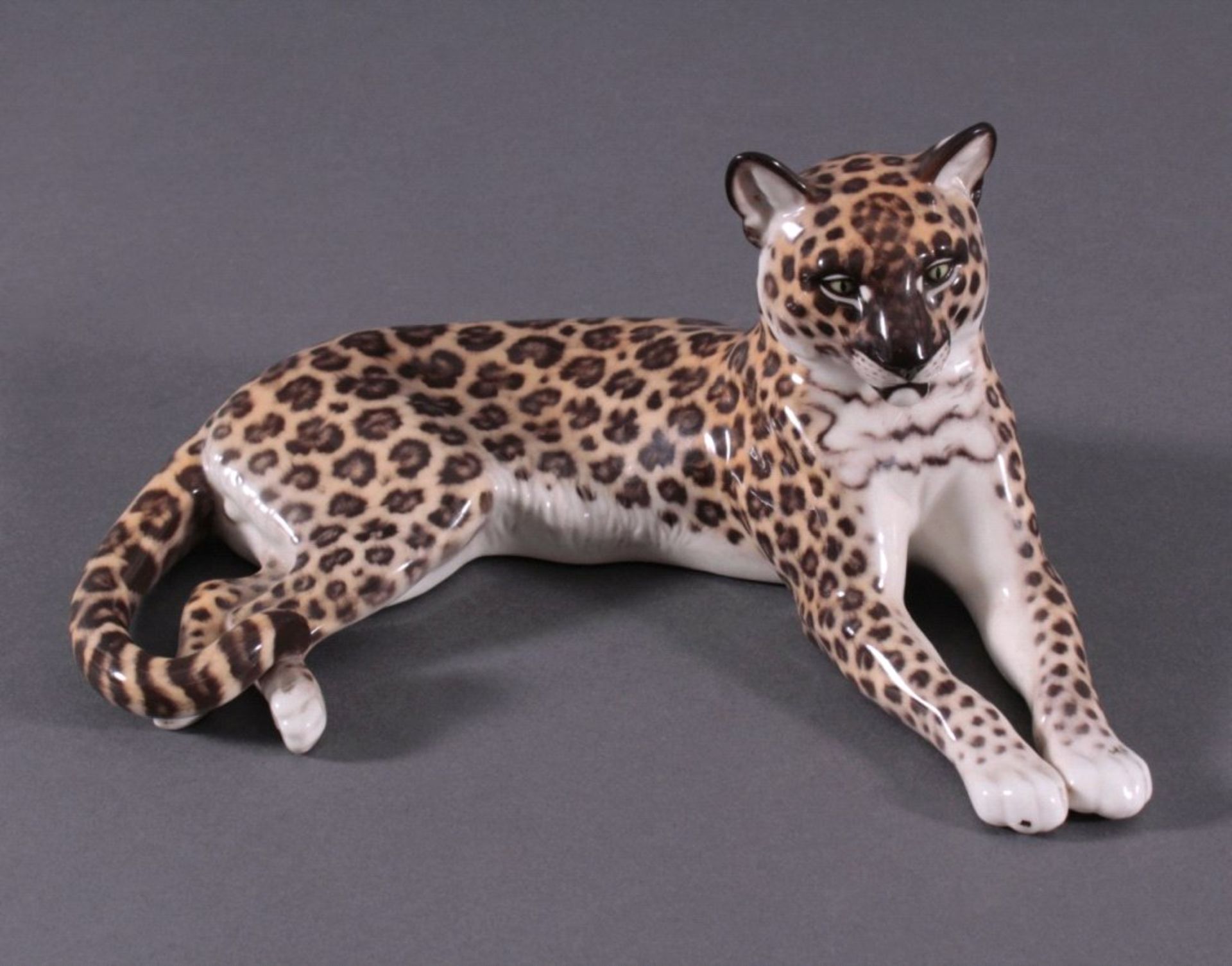 Nymphenburg Tierplastik, "Leopard"Porzellan staffiert in naturalistischer Unterglasurbemalung.Am