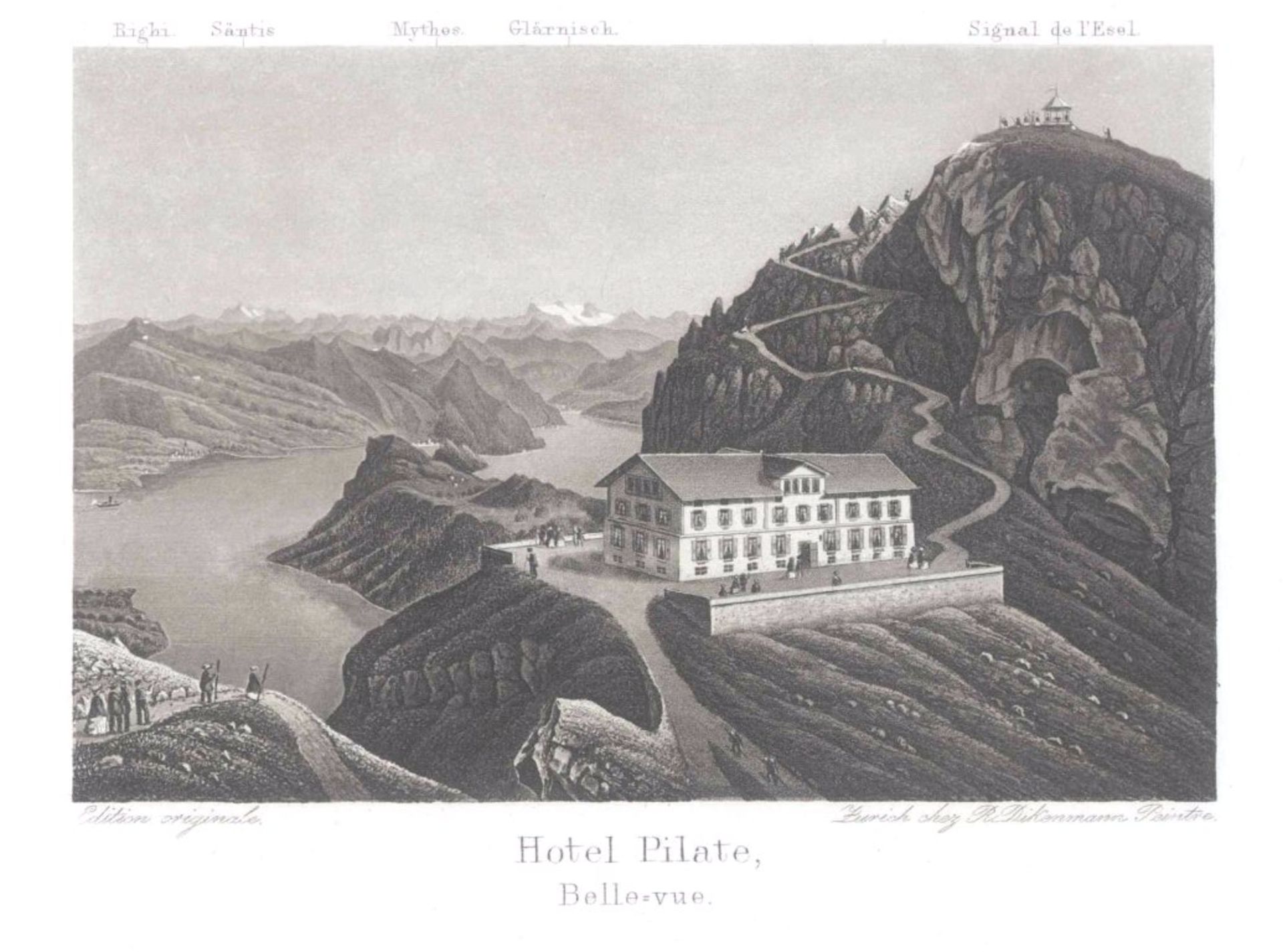 Vierwaldstädter See / Schweiz - Aquatintaradierung"Hotel Pilate Belle-vue" - Ansicht des Hotels
