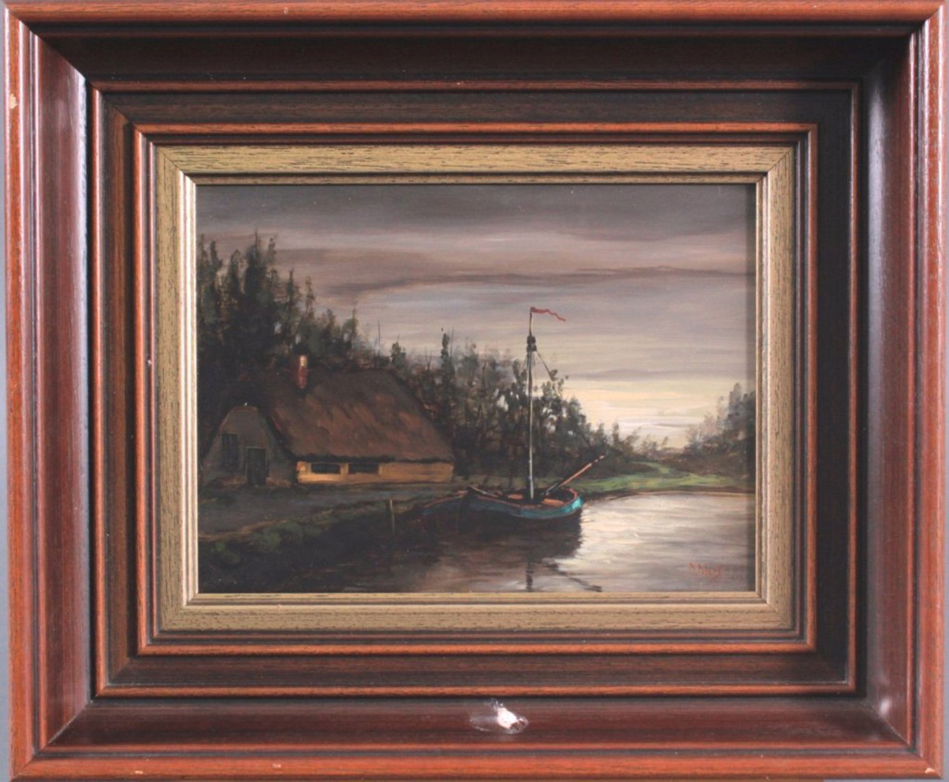 B. Peters ?-?, Fischerboot mit reetgedecktem HausÖl auf Holz, unten rechts signiert, gerahmt, ca. 17