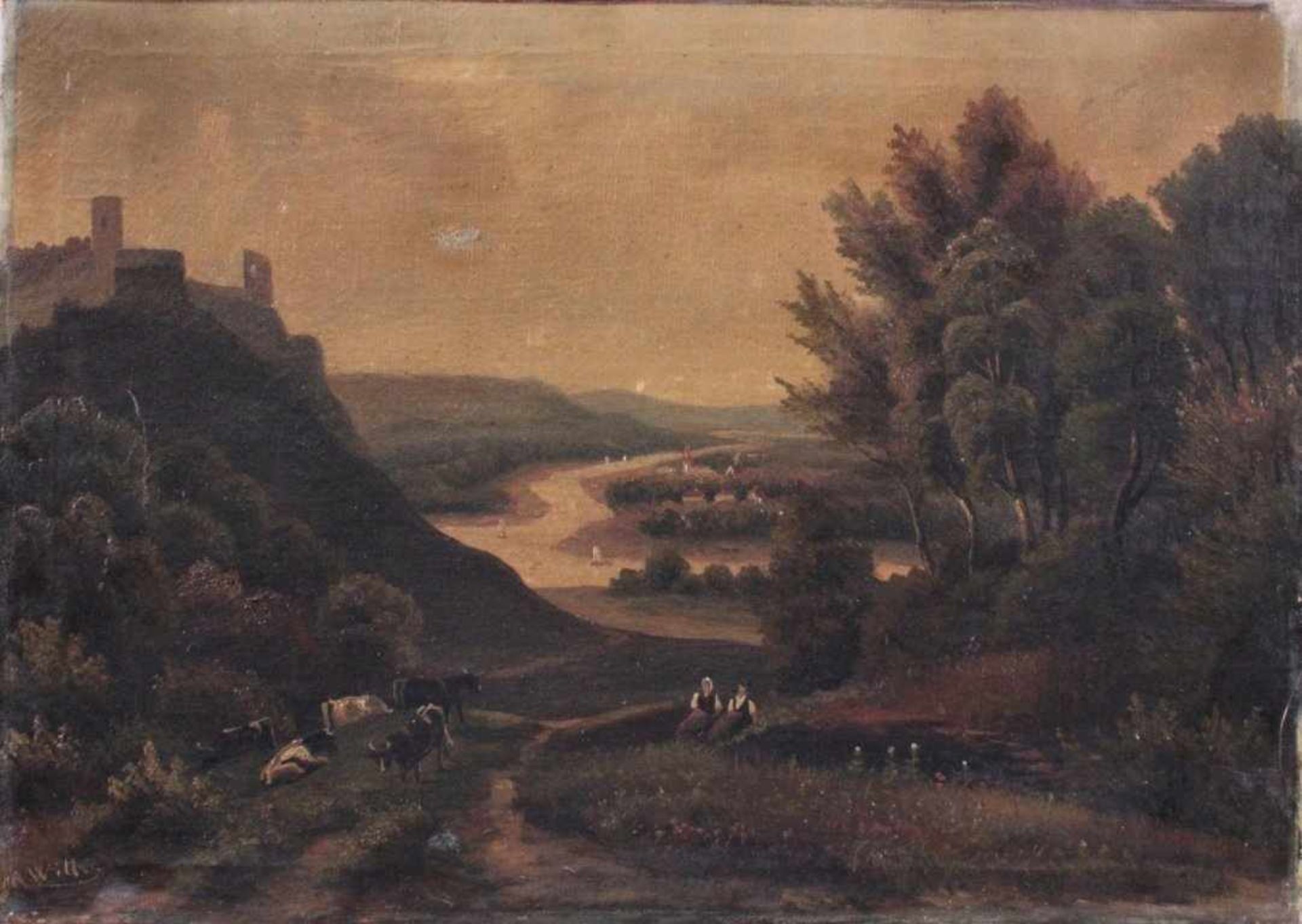 Anna Witter (1884-1938). Landschaftsgemälde mit BurgruineÖl auf Leinwand gemalt, unten links