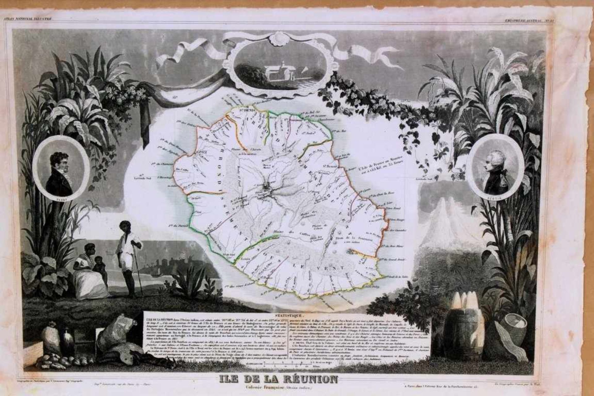 Zwei Landkarten"Ile de la Reunion", Grenzkolorierte Karte, Atlas NationalIllustre, Blatt Nr. 88, ca. - Bild 2 aus 3