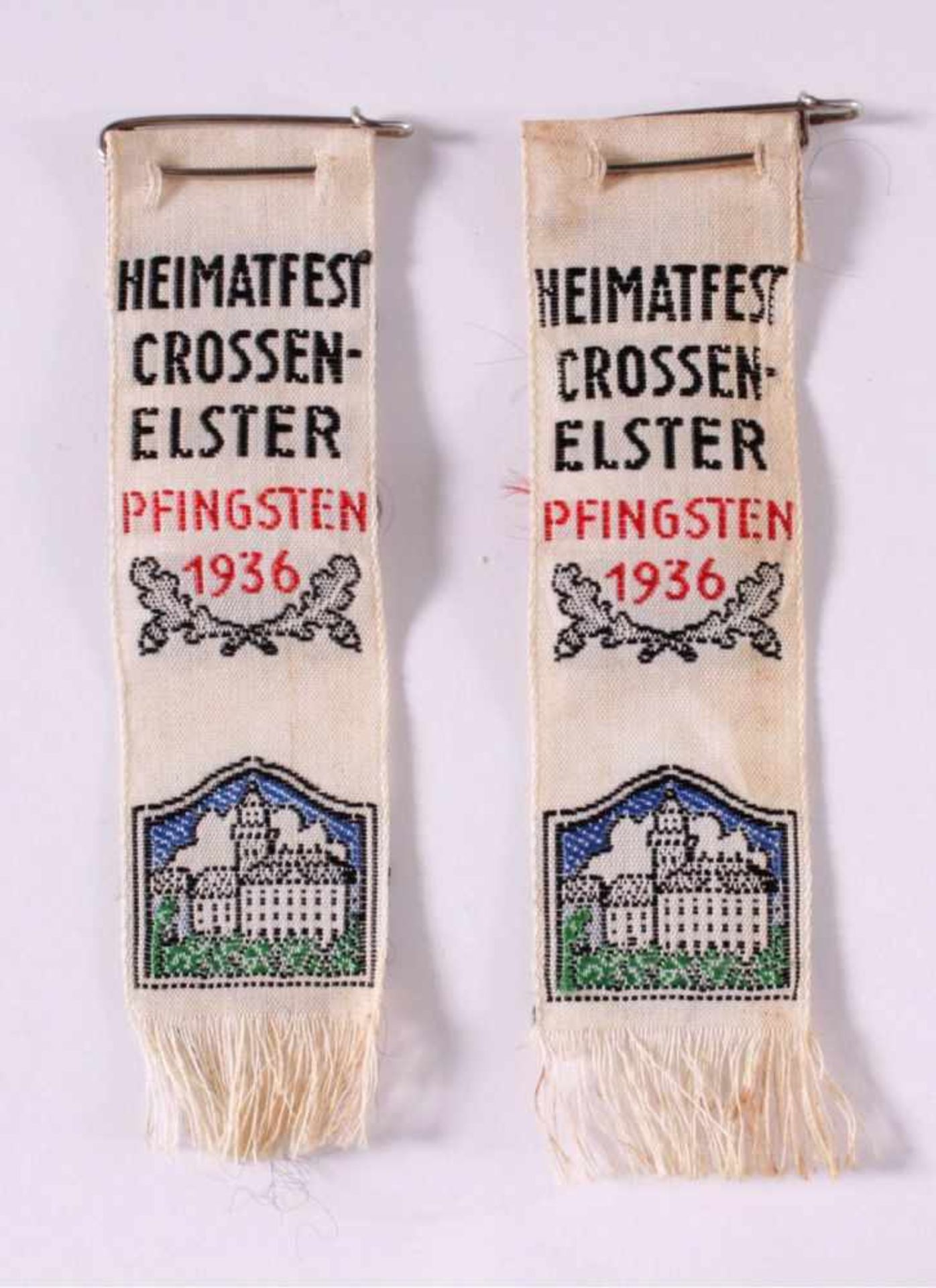 2 Seidenbänder Heimatfest Crossen-Elster, Pfingsten 1936ca. L- 7,7 cm