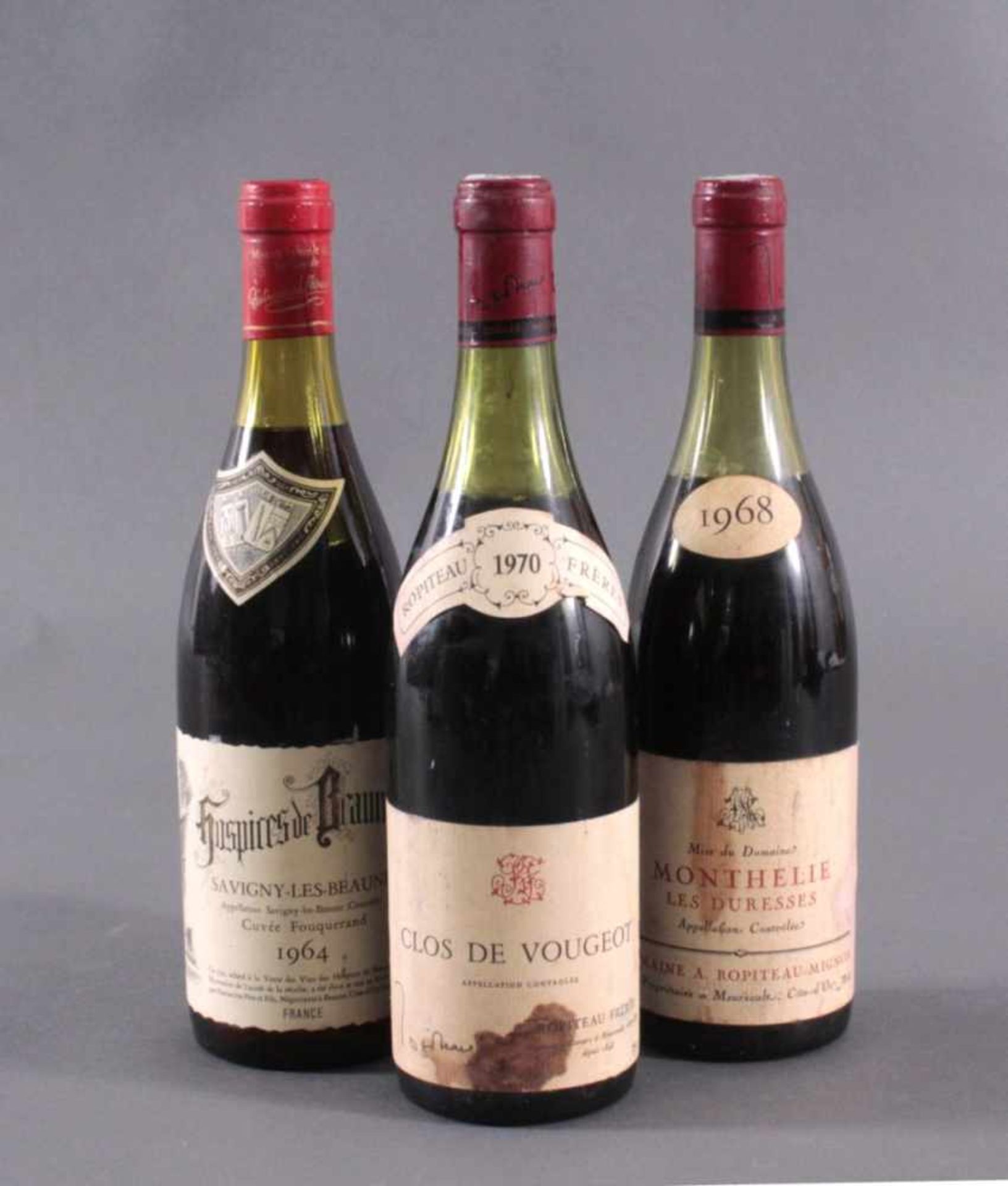 Drei Flaschen Rotwein1964er Hospices de Beaune Savigny-les-Beaune CuvéeFouquerand, Patriarche Père