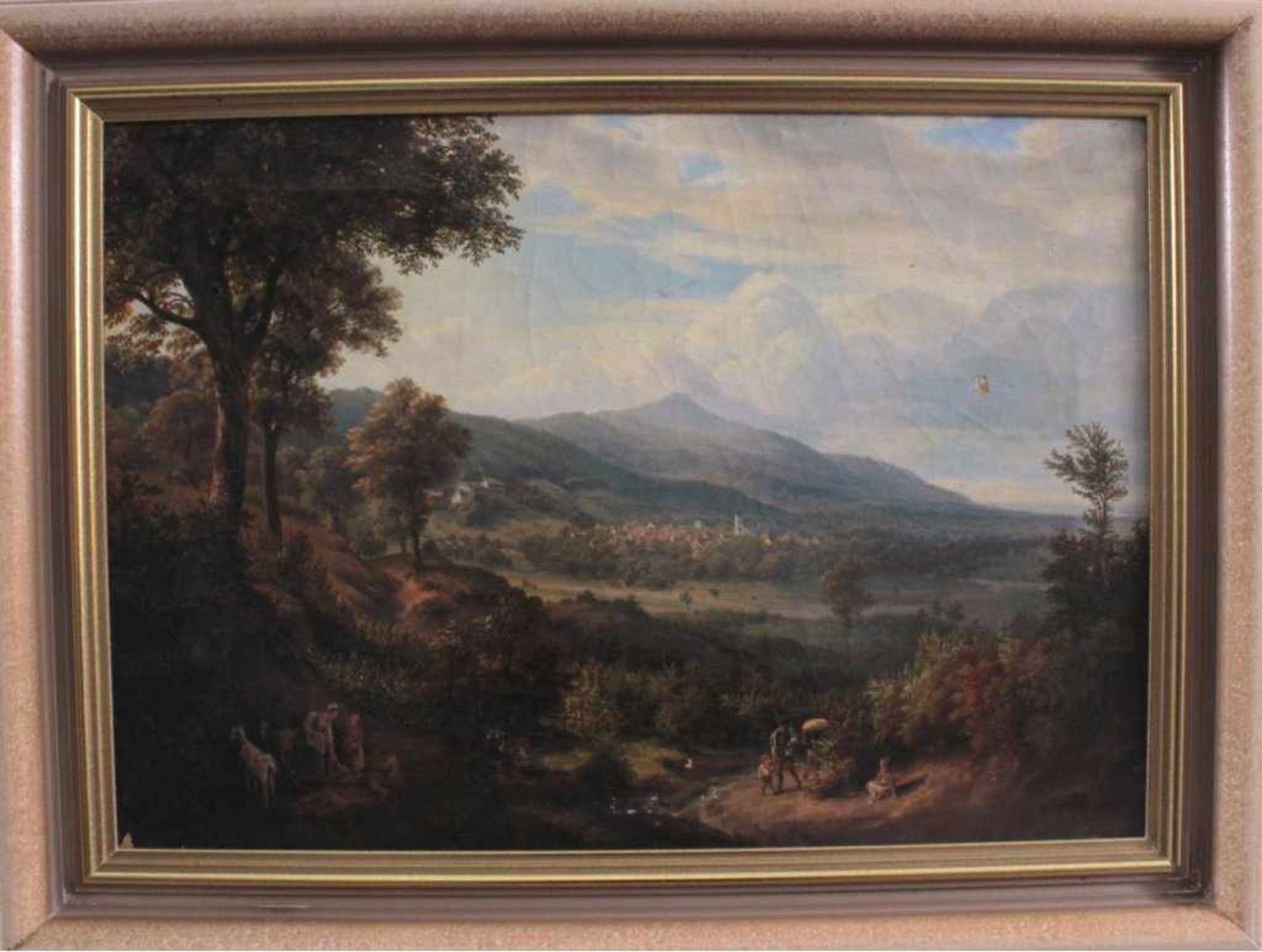 Sommerliche Landschaft mit Stadansicht, Personen undZiegenstaffage um 1900, Öl auf Leinwand - Bild 2 aus 6