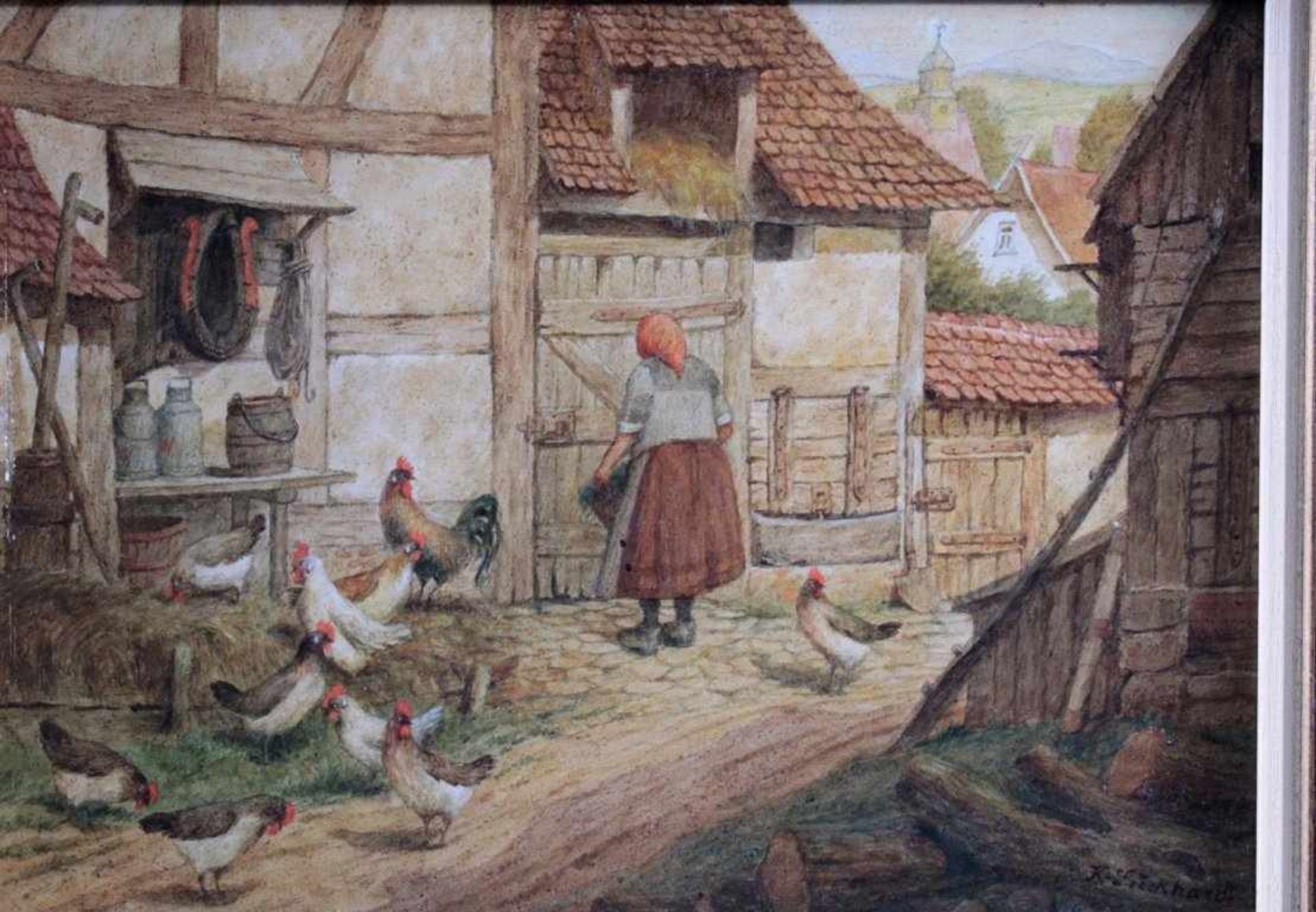 Karl Luckhardt (1886-1970). Genre- und TiermalerÖl/Platte, "Gehöf mit Bäuerin und Hühnern", signiert - Bild 2 aus 3
